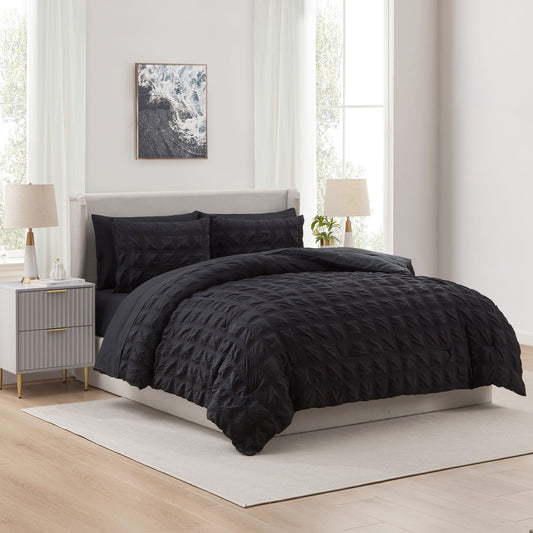 Heavyweight Warmth Queen Comforter Set, Seersucker Queen Size Comforter Set, 7-Pc All Season Bedding Comforter Set, Black - Luxurious Quilted Duvet Cover Set - Default Title