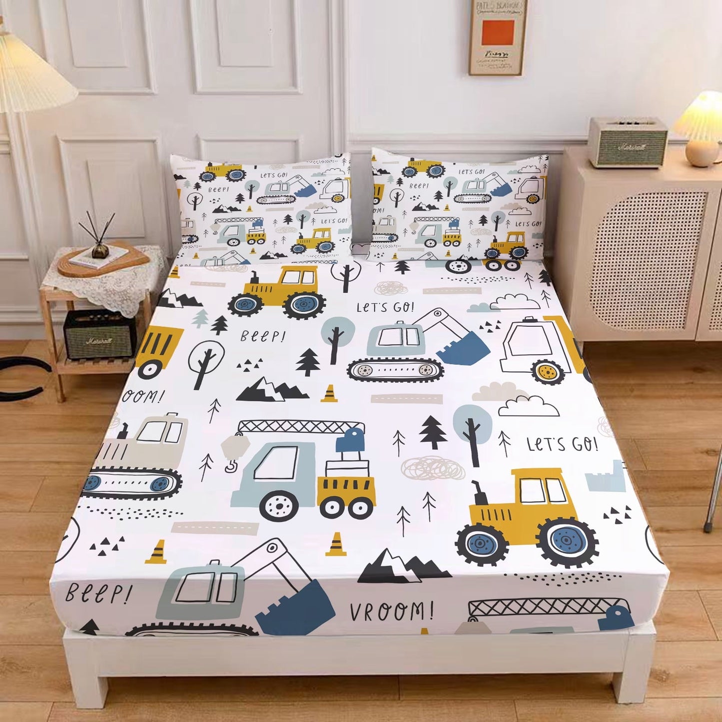 Wrinkle-Resistant Cartoon Excavator Sheet Set for Kids Boys Truck Construction Bedding Set Engineering Vehicle Bed Sheet Sets with 1 Fi... - Cooling Hotel Quality Bedding Sheets and Pillowcases - Default Title