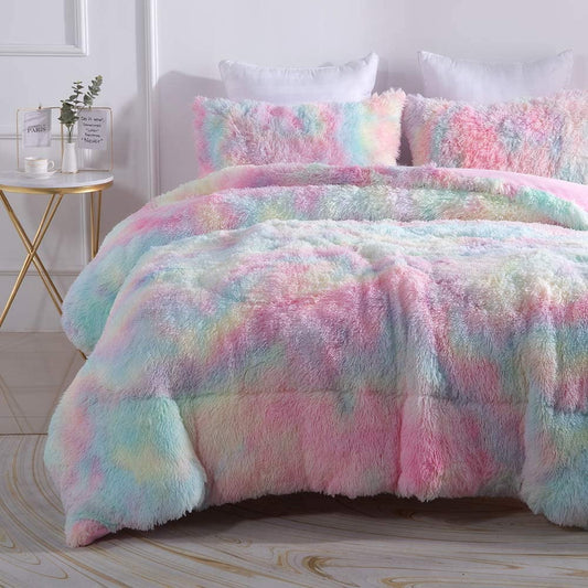 Hypoallergenic Cloud Plush Shaggy Comforter Set Fluffy Fuzzy Faux Fur Bedding Set - Microfiber Soft Warm Quilt Set(Rainbow Pink,Queen Size) - Hypoallergenic Ultra-Fluffy Quilt for Winter - Default Title