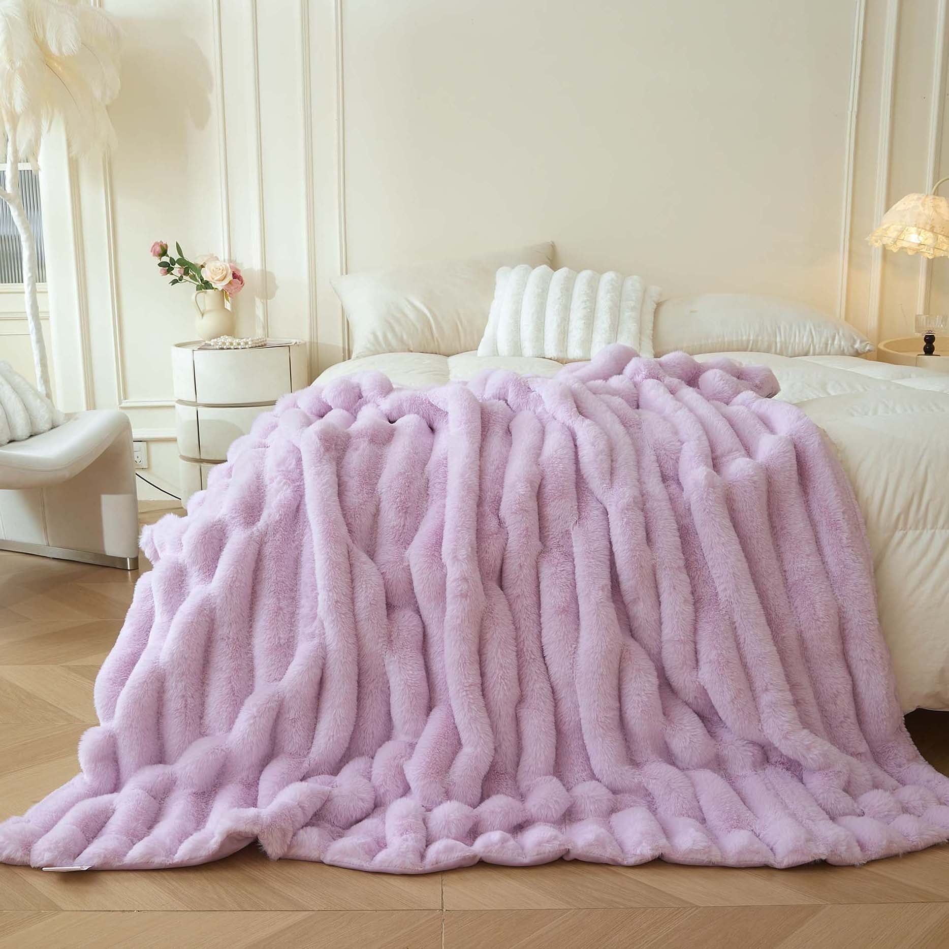 Decorative Knitted Fluffy Faux Rabbit Fur Throw, Cozy Wide Stripe Plush Fuzzy Blanket for Bed Couch Sofa Chair, Light Purple Shaggy Thro... - Luxury Knitted Decorative Throw Blanket with Fringes - Default Title