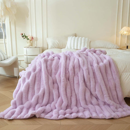 Decorative Knitted Fluffy Faux Rabbit Fur Throw, Cozy Wide Stripe Plush Fuzzy Blanket for Bed Couch Sofa Chair, Light Purple Shaggy Thro... - Luxury Knitted Decorative Throw Blanket with Fringes - Default Title