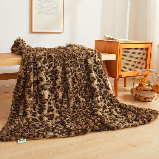 Cozy Fleece Luxury Faux Fur Leopard Print Throw, Soft 50x60 Cheetah Print Fluffy Blanket, Shaggy Plush Decorative Couch Throw, Cu... - Luxury Knitted Decorative Throw Blanket with Fringes - Default Title