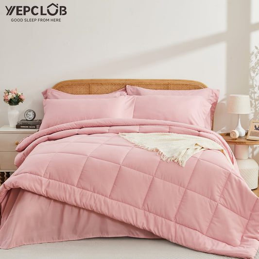 Hypoallergenic Cloud 7-Piece Queen Size Comforter Set,Pink Reversible Bed in a Bag,All Season Solid Bedding Set with Sheets,Pillowcases & ... - Hypoallergenic Ultra-Fluffy Quilt for Winter - Default Title