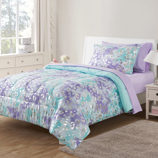Heavyweight Warmth 5-Piece Purple Metallic Foil Cheetah Bedding Set for Kids with Storage Bag, Twin - Cloud-Like Soft Lightweight Bed Comforter - Default Title