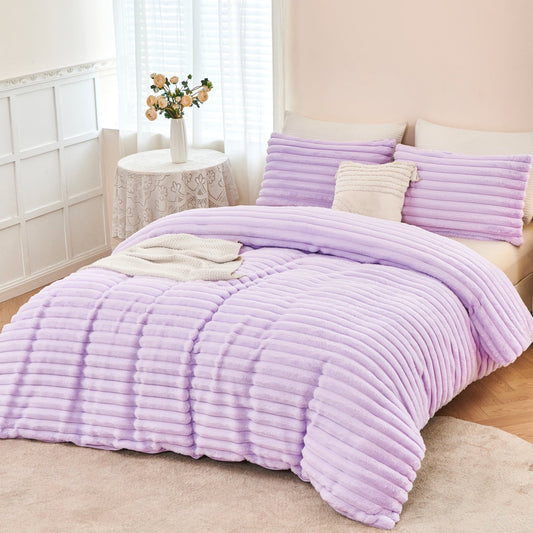 Luxurious Quilted Fleece Twin Comforter Set, Light Purple Super Soft Furry Plush Bedding, Luxury Fluffy Fuzzy Heavy Bed Set for Winter ... - Luxurious Quilted Duvet Cover Set - Default Title