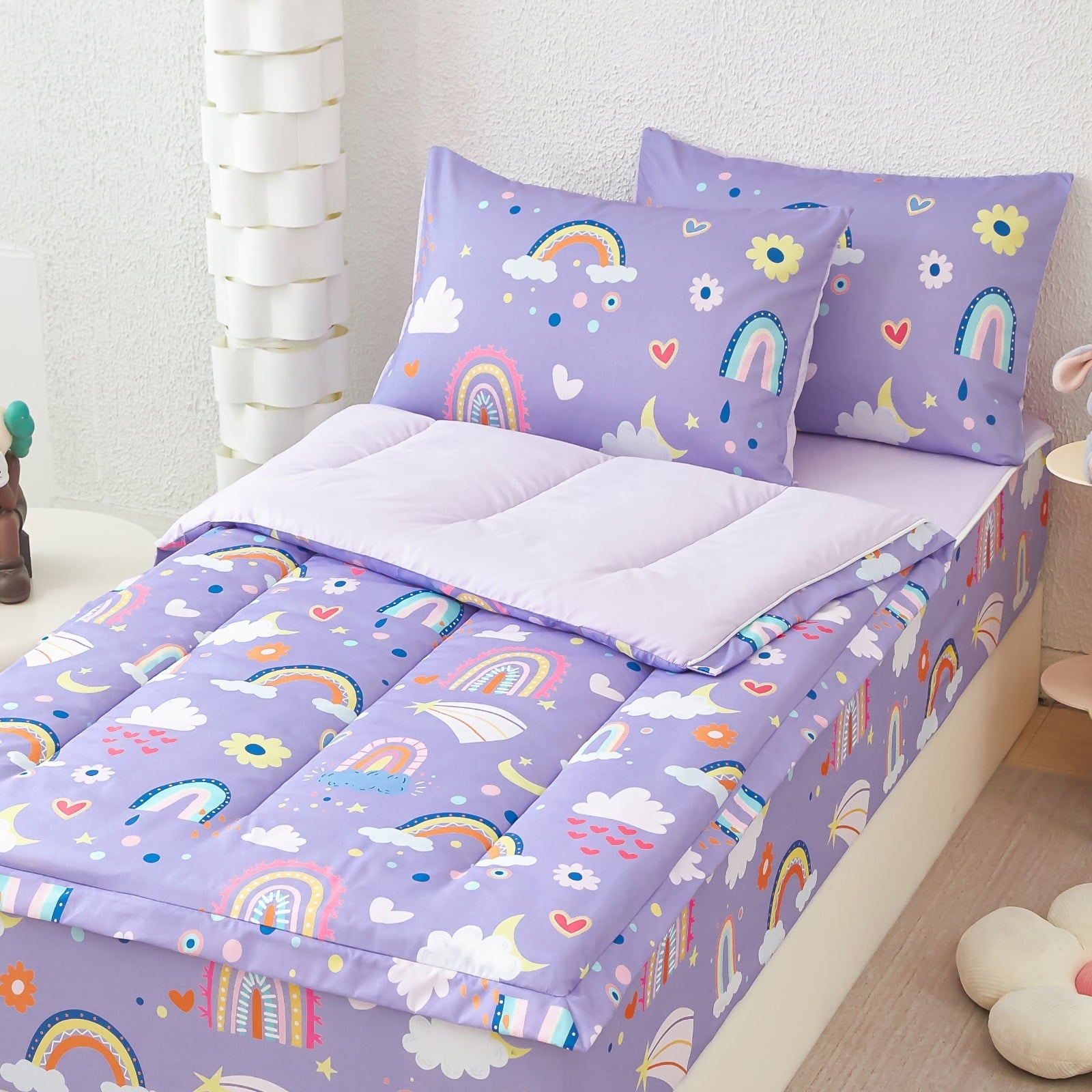 Hypoallergenic Cloud Zipper Kids Comforter Set, 3-Piece Purple Twin Bed in a Bag, Cartoon Rainbow Stars Flowers Printed Zip Up Comforter S... - Hypoallergenic Ultra-Fluffy Quilt for Winter - Default Title