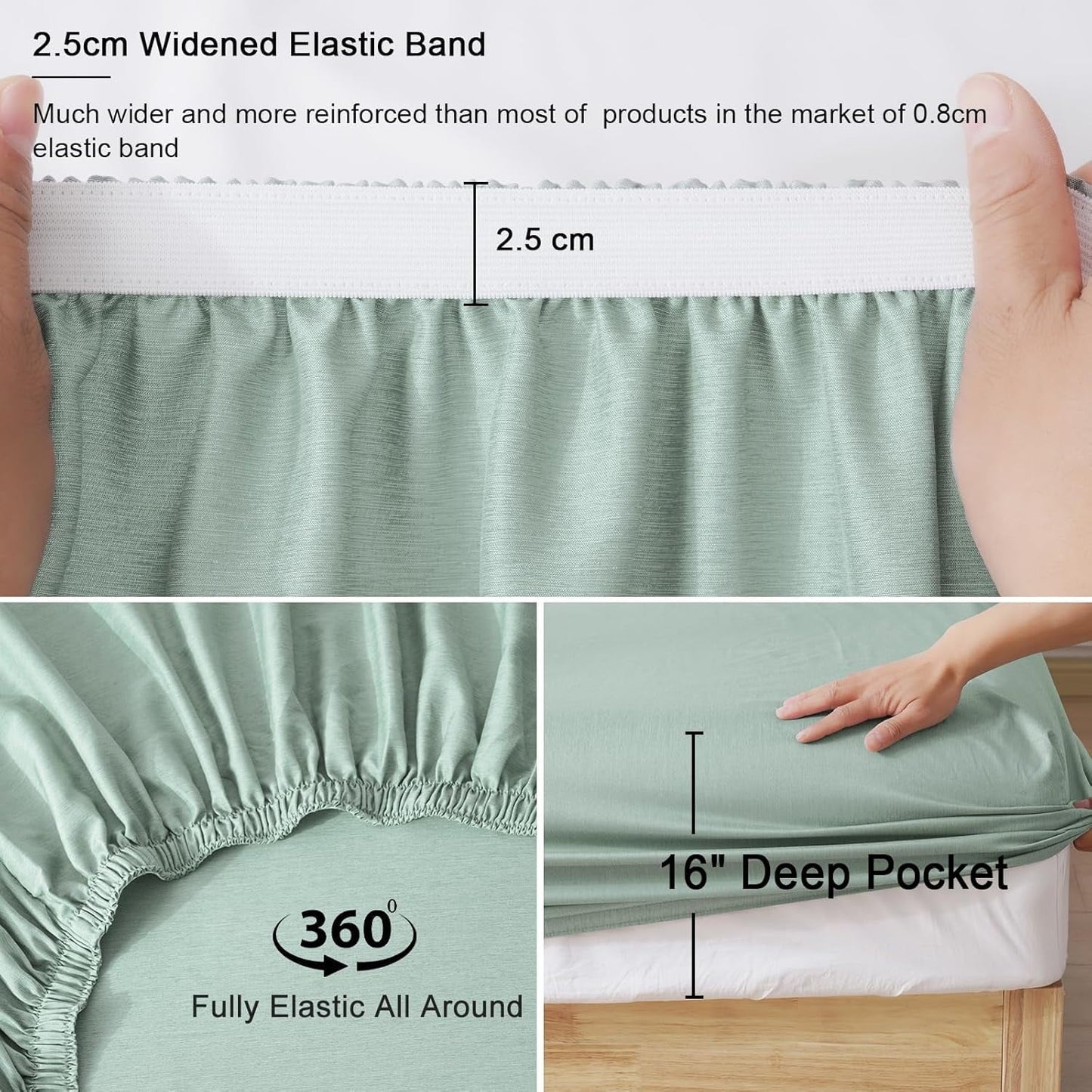 Cooling Sateen Bamboo Bed Sheet Sets, 4 Pieces King Silky Soft Bedding Sheets, 1800 Thread Count 16 Inch Deep Pockets, Sage Green - Premium Ultra-Soft Pillowcase Pair for Sleeping Detail