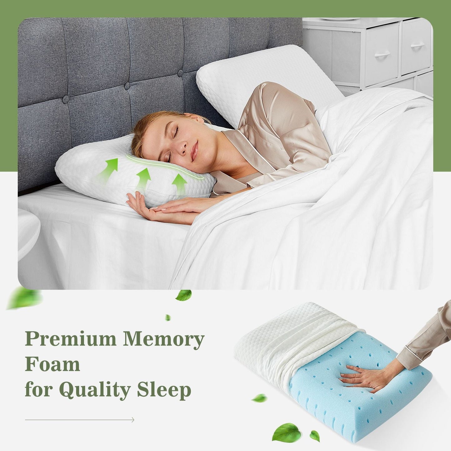 Hotel Collection Memory Foam Pillow for Sleeping, 24"D x 16"W x 4.7"H, Soft Supportive Hotel Pillow for Bed, Washable Cover, Set of 2 - Decorative Throw Pillow Cushion for Sofa & Bed Detail
