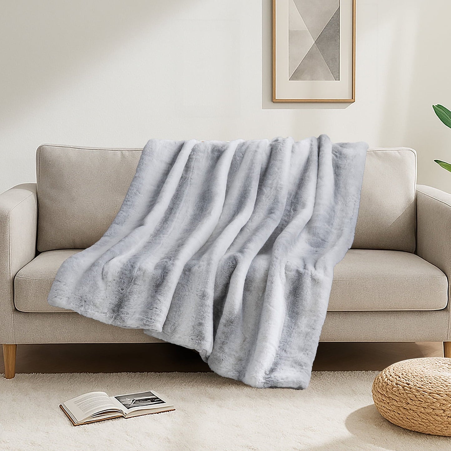 Decorative Knitted Luxury Faux Fur Throw Blanket for Bed Super Thick Warm Fuzzy Blankets for Bedroom Living Room, 60" x 80", White - Luxury Knitted Decorative Throw Blanket with Fringes Detail