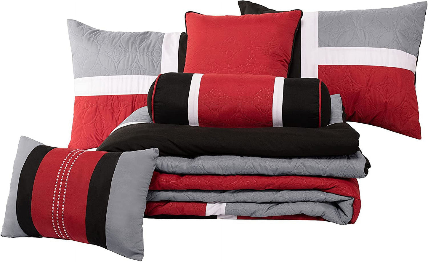 Fluffy Down Alternative 7-Piece Medallion Patchwork Comforter Set, Full, Red/Gray/Black - All-Season Down Alternative Comforter Insert Detail