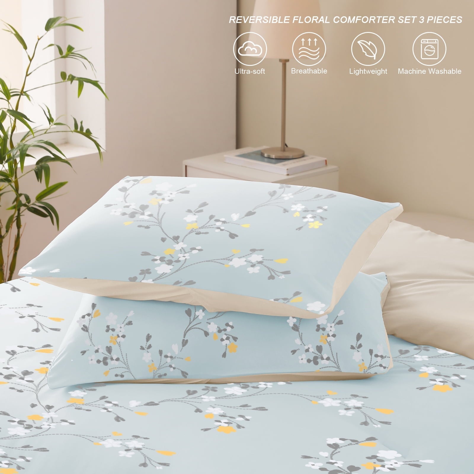 All-Season 3-Piece Floral King Size Comforter Set, Microfiber Bedding Down Alternative Comforter for All Seasons with 2 Pillow S... - Hypoallergenic Ultra-Fluffy Quilt for Winter Detail