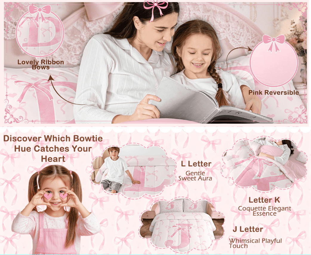Hypoallergenic Cloud Kawaii Bowknot Bedding Sets Full with Comforter, Initial H Duvet Insert, Romantic Initial A-Z Decor, Reversible - All-Season Down Alternative Comforter Insert Detail