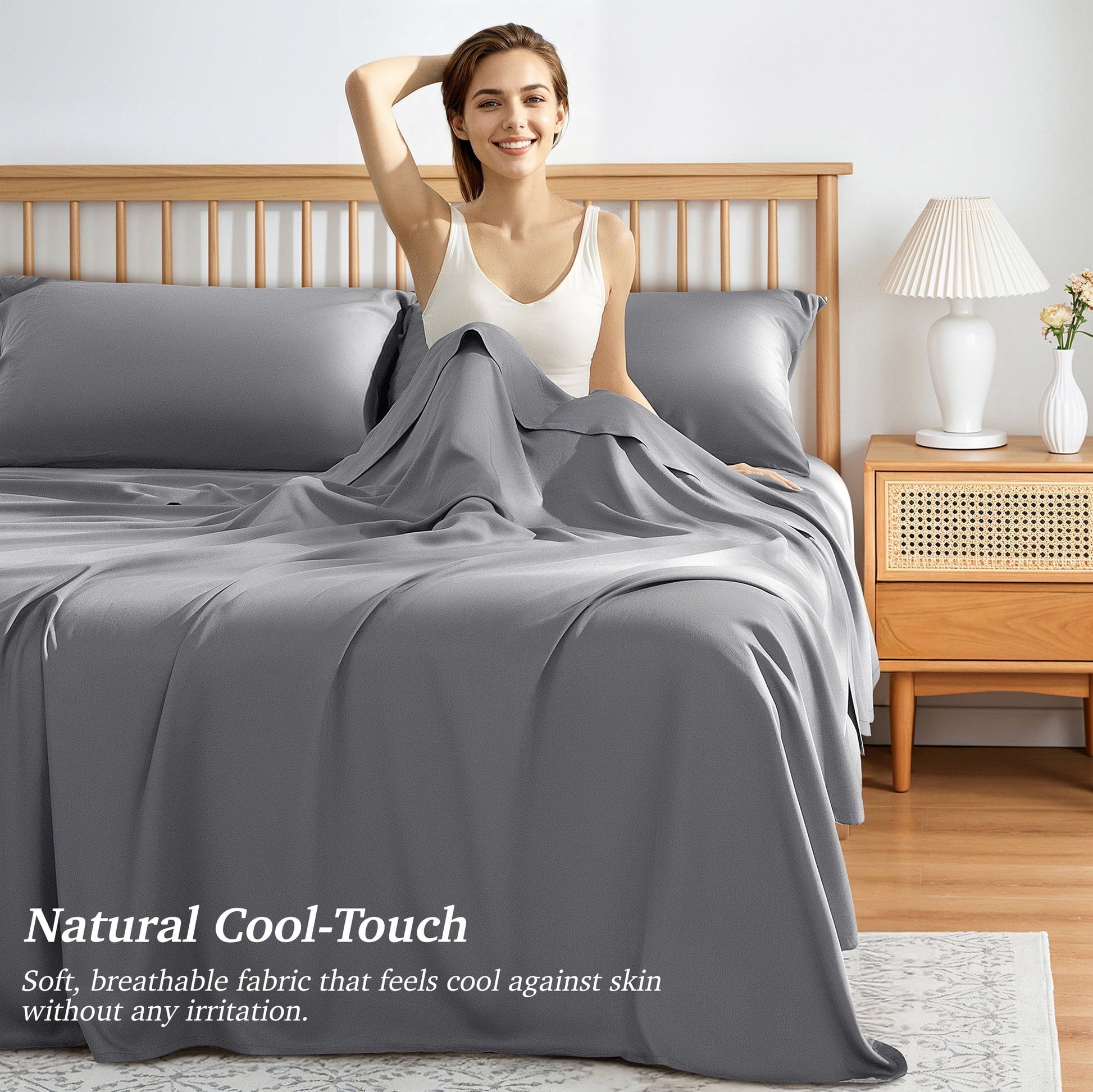 Ultra-Soft Bamboo Queen Sheet Set, Luxury Soft 4 Pieces Bed Sheets with 18" Deep Pocket, Gray - Premium Ultra-Soft Pillowcase Pair for Sleeping Detail