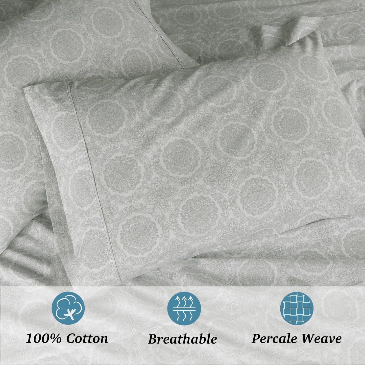 Wrinkle-Resistant 100% Cotton Queen Sheets Set, 4 Piece Bed Sheets Set with HeiQ Fresh, Percale Weave, Hotel Luxury, Ultra Soft Sheets ... - Cooling Hotel Quality Bedding Sheets and Pillowcases Detail