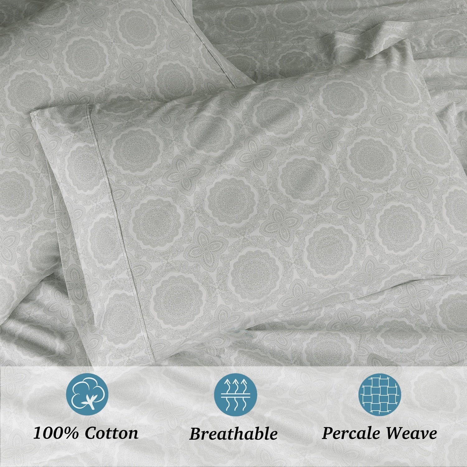 Wrinkle-Resistant 100% Cotton Queen Sheets Set, 4 Piece Bed Sheets Set with HeiQ Fresh, Percale Weave, Hotel Luxury, Ultra Soft Sheets ... - Cooling Hotel Quality Bedding Sheets and Pillowcases Detail