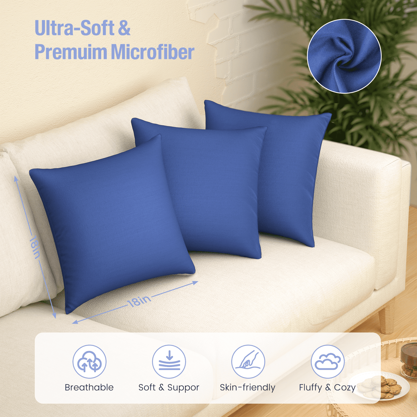 Decorative Plump Throw Pillow Inserts Set of 2, Indoor Decorative 18x18 inches Square Pillows for Couch, Sofa, Bed, Supportive Cushion... - Hotel Quality Plush Sleeping Pillows Detail