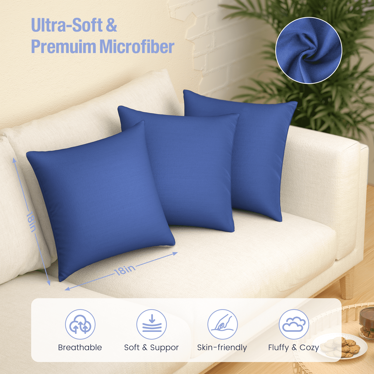 Decorative Plump Throw Pillow Inserts Set of 2, Indoor Decorative 18x18 inches Square Pillows for Couch, Sofa, Bed, Supportive Cushion... - Hotel Quality Plush Sleeping Pillows Detail