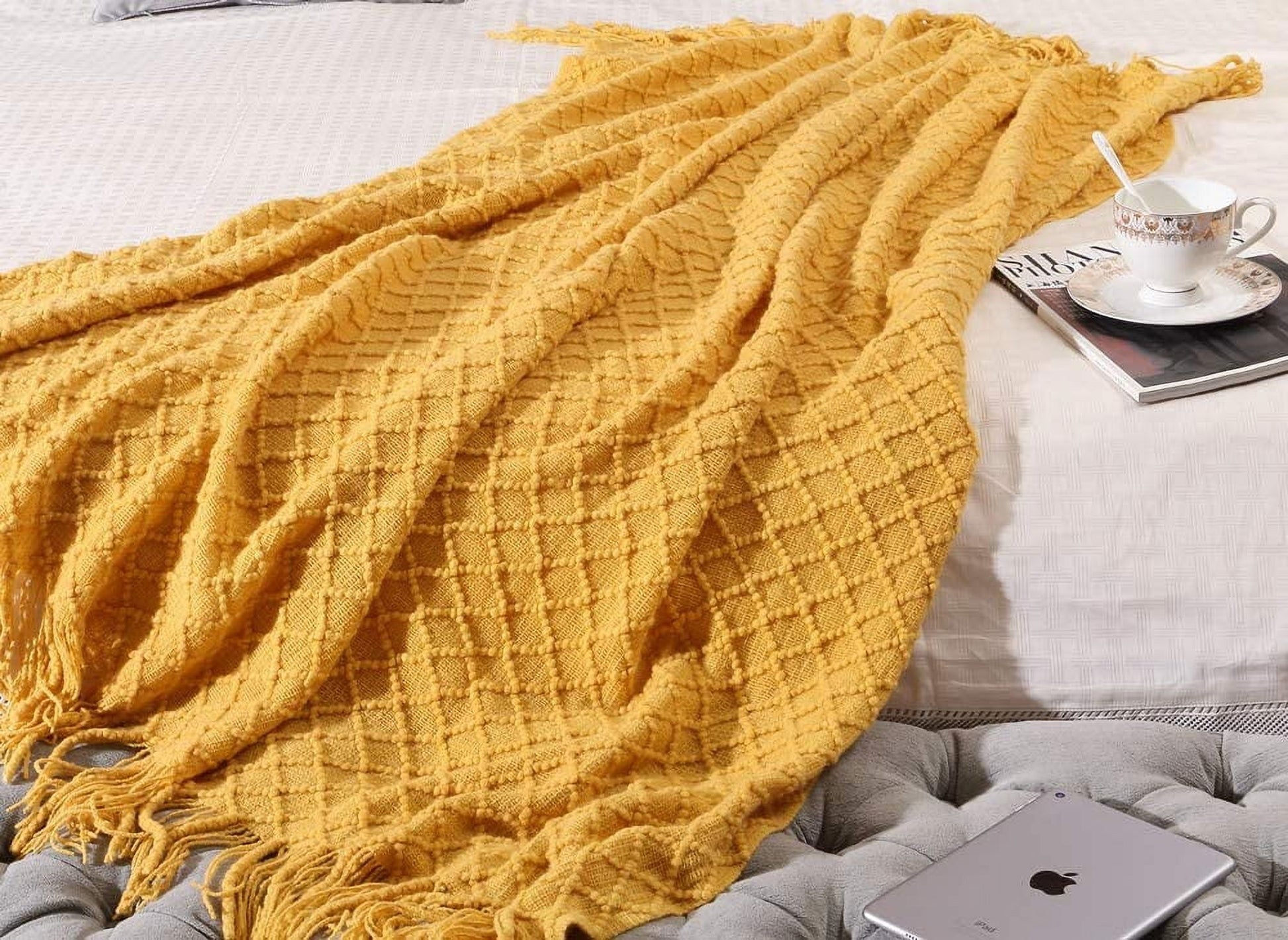 Lightweight Warm Decorative Soft Spring Summer Fall Throw Blanket ,for Couch Sofa Chair Bed,50''X60'',Mustard Yellow - Lightweight Plush Warm Blanket for All Seasons Detail