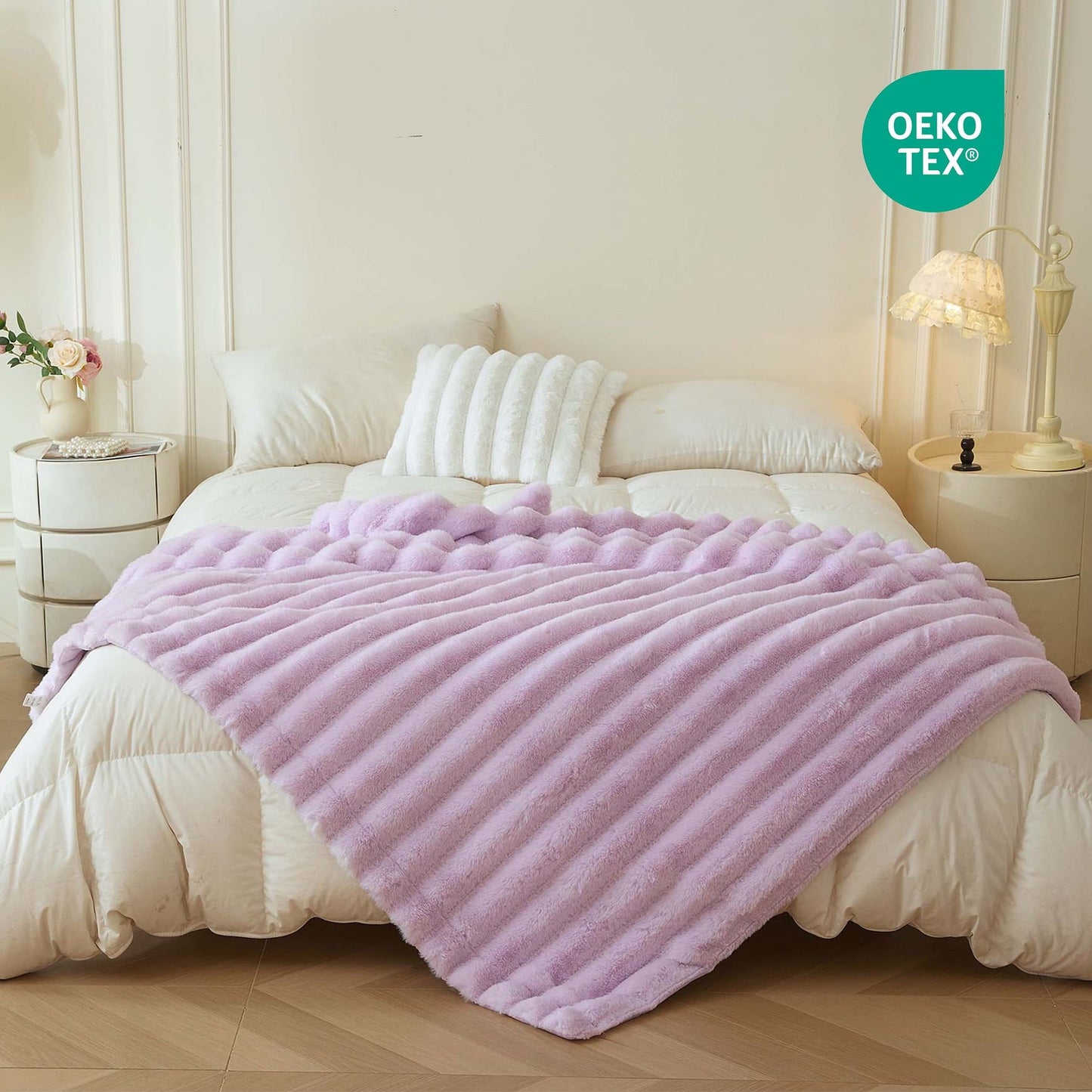 Decorative Knitted Fluffy Faux Rabbit Fur Throw, Cozy Wide Stripe Plush Fuzzy Blanket for Bed Couch Sofa Chair, Light Purple Shaggy Thro... - Luxury Knitted Decorative Throw Blanket with Fringes Detail