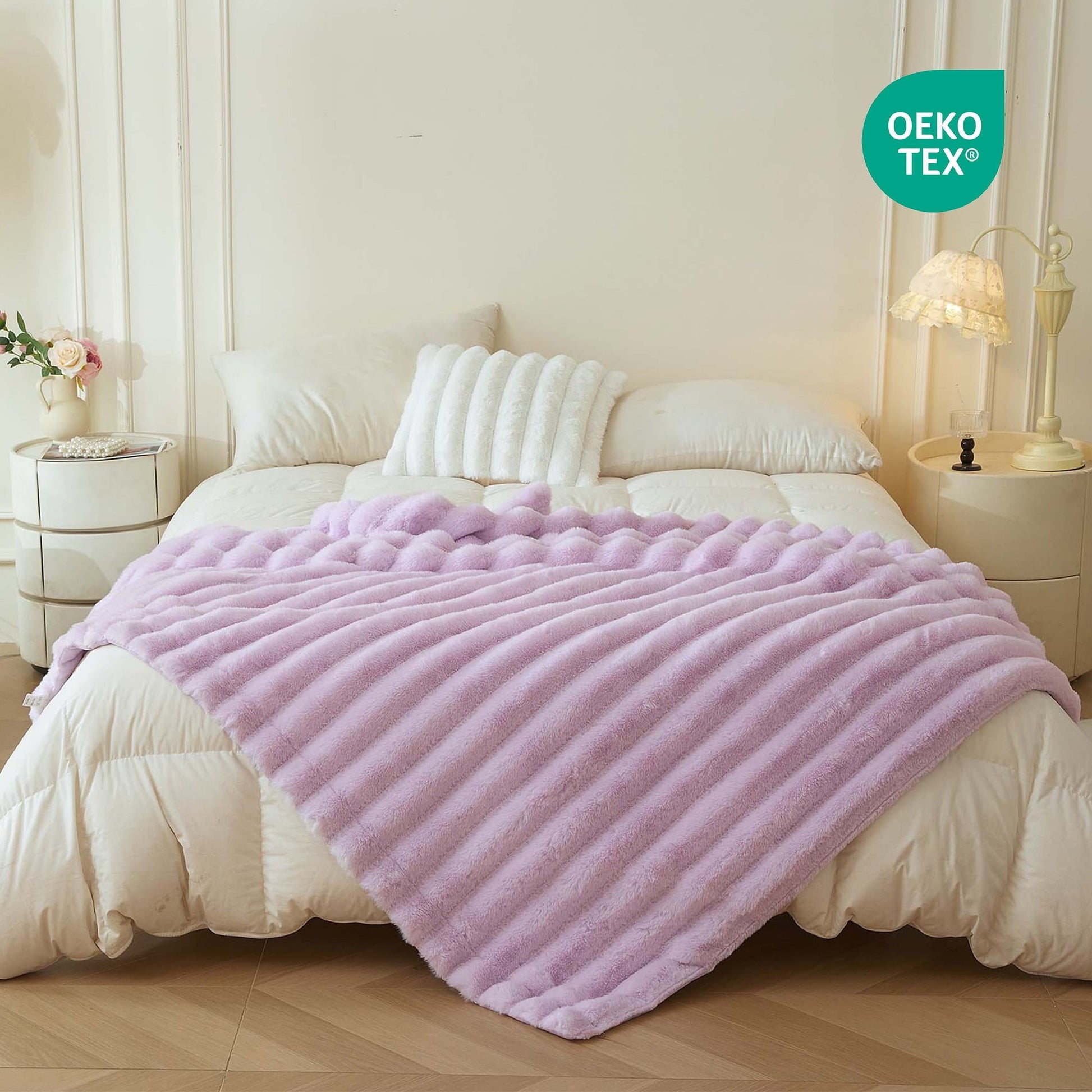 Decorative Knitted Fluffy Faux Rabbit Fur Throw, Cozy Wide Stripe Plush Fuzzy Blanket for Bed Couch Sofa Chair, Light Purple Shaggy Thro... - Luxury Knitted Decorative Throw Blanket with Fringes Detail