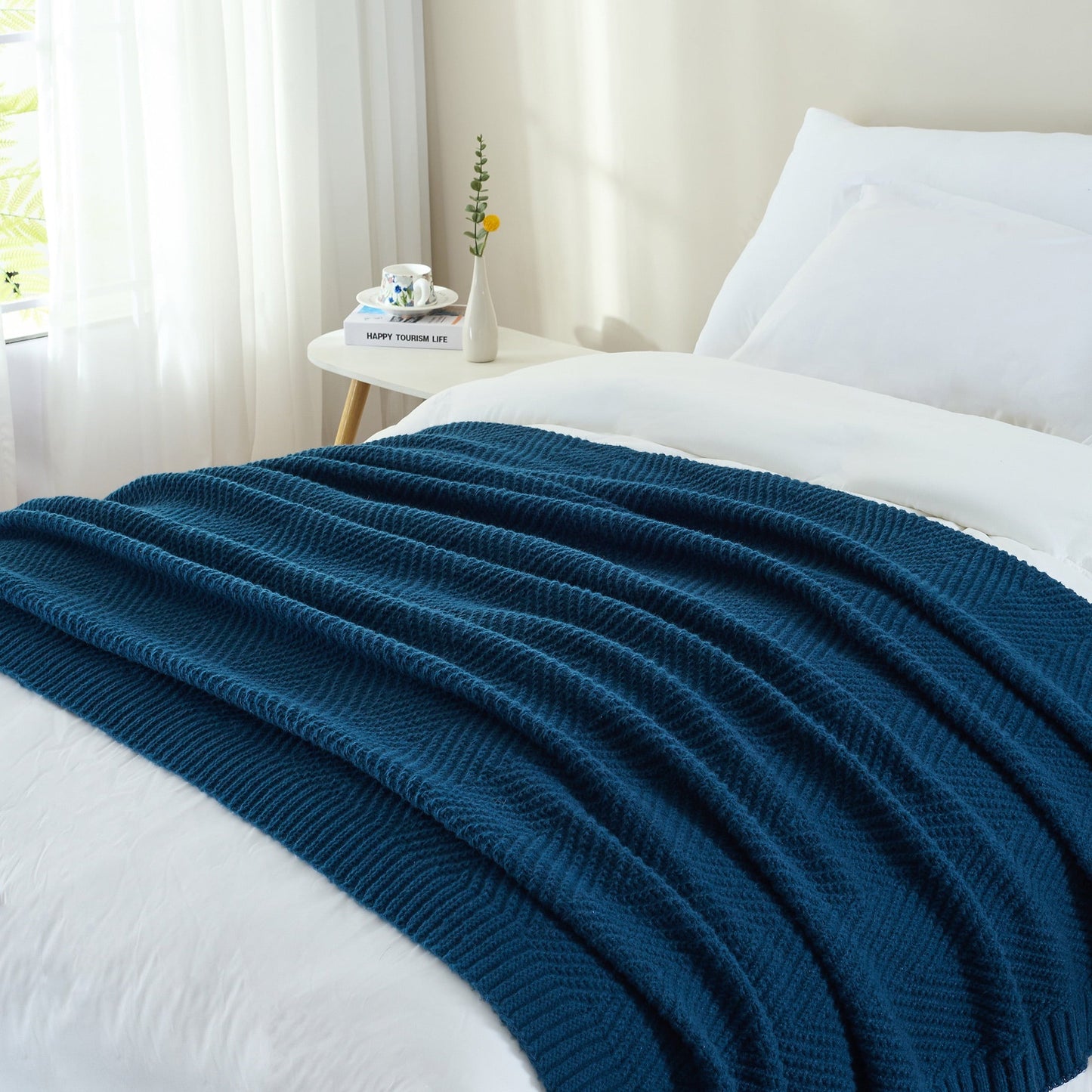 Cozy Fleece Soft Knitted Throw Blanket 50" x 60" Navy Blue, Boho Chevron Farmhouse Throw for Bed Couch - Lightweight Plush Warm Blanket for All Seasons Detail