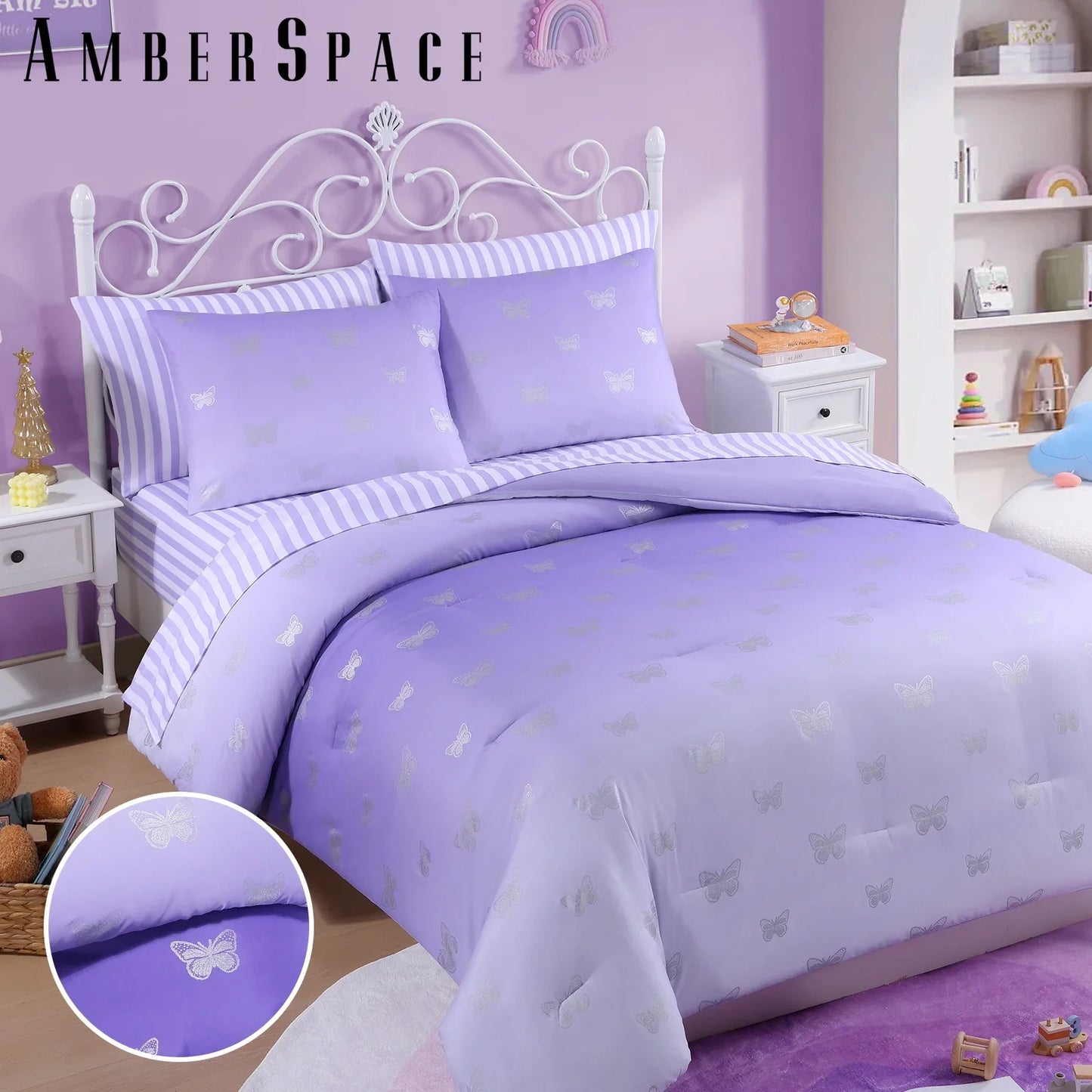 Fluffy Down Alternative gold foil Design 7-piece Bed in a Bag Comforter Set with Sheets,Purple/Silver Butterflies,Full - Hypoallergenic Ultra-Fluffy Quilt for Winter Detail