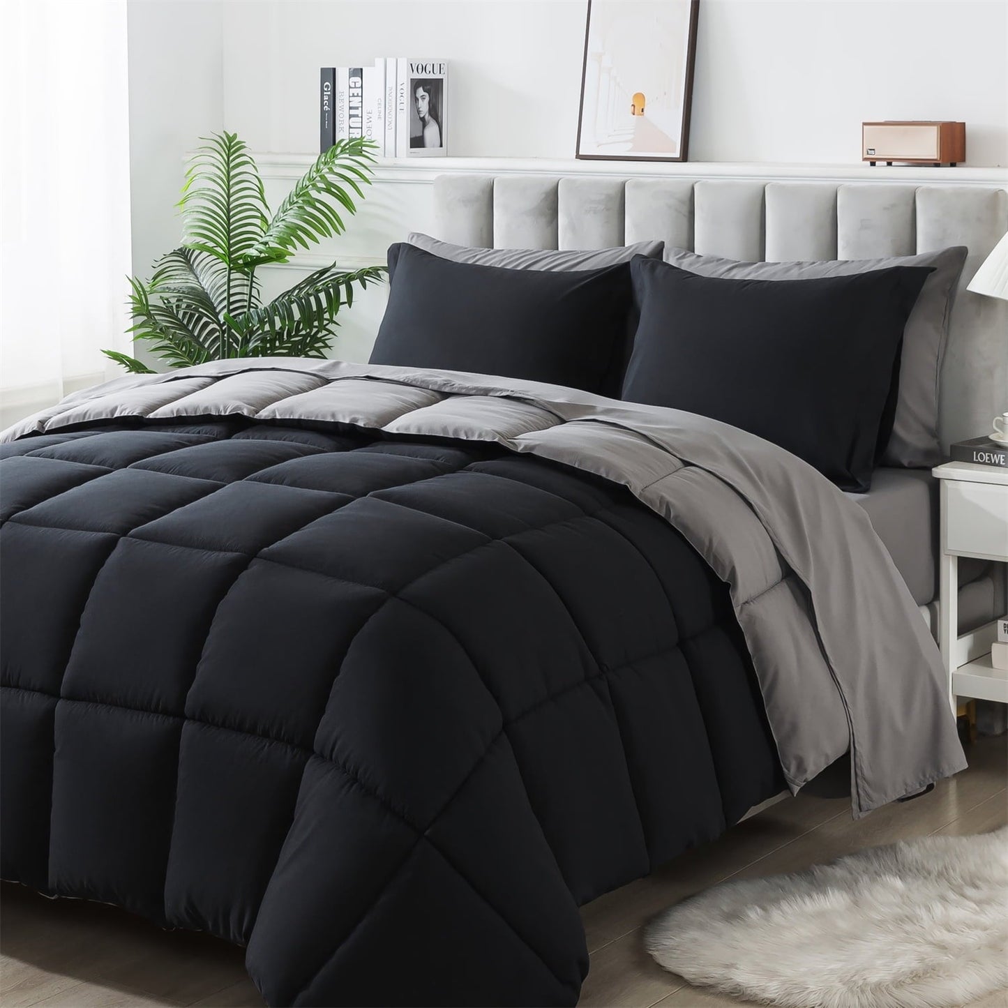 Heavyweight Warmth Queen Size 7 Piece Comforter Set | Bed in a Bag for Unisex Adult | Black/Gray - Cloud-Like Soft Lightweight Bed Comforter Detail