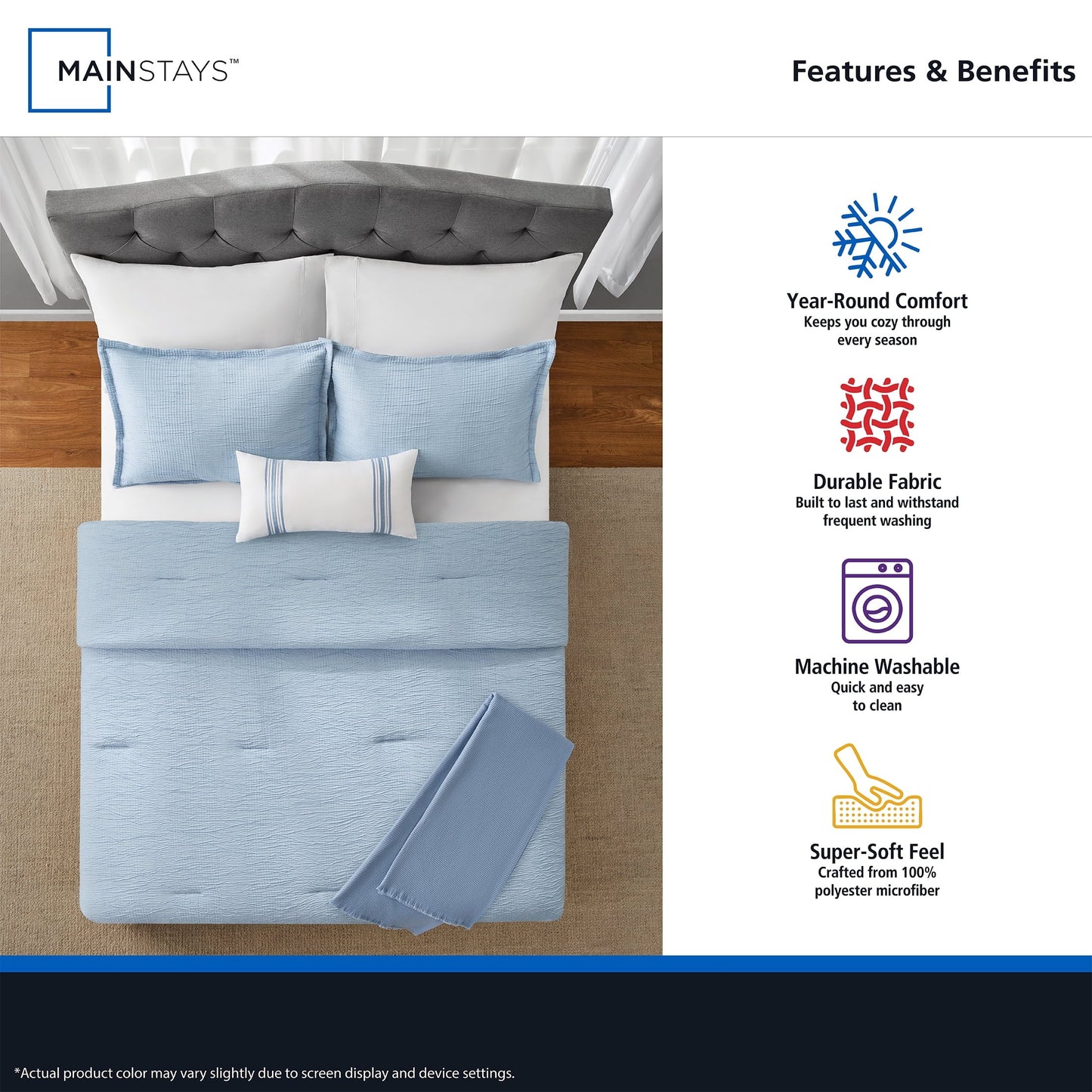 Luxurious Quilted Full/Queen Comforter Set, All-Season, 5-Piece, Blue Matelasse Tonal Stripe - All-Season Down Alternative Comforter Insert Detail