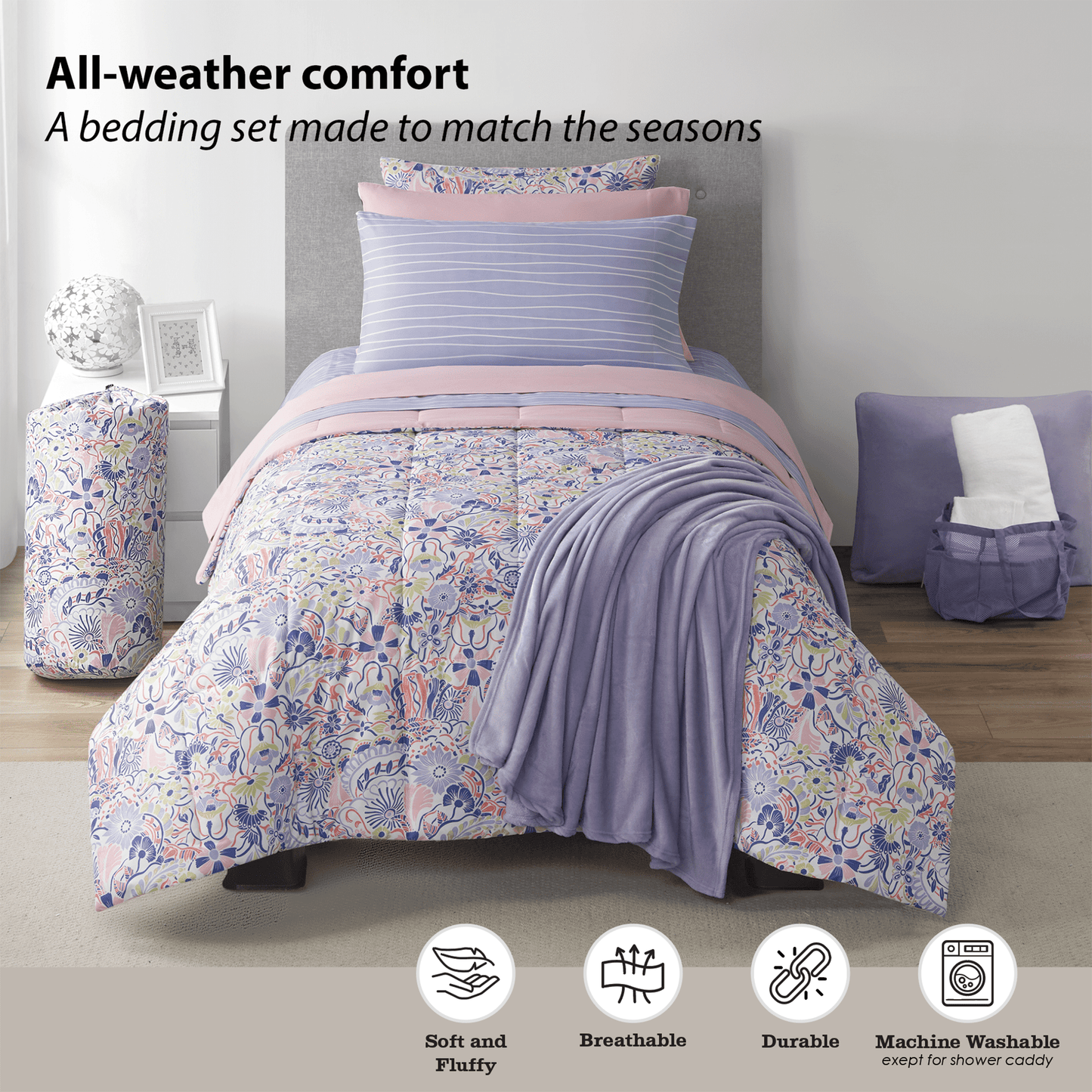 All-Season 14pc College Dorm Essentials Bundle, Twin-XL, Reversible Bed in a Bag Comforter Set, Purple Floral - All-Season Down Alternative Comforter Insert Detail