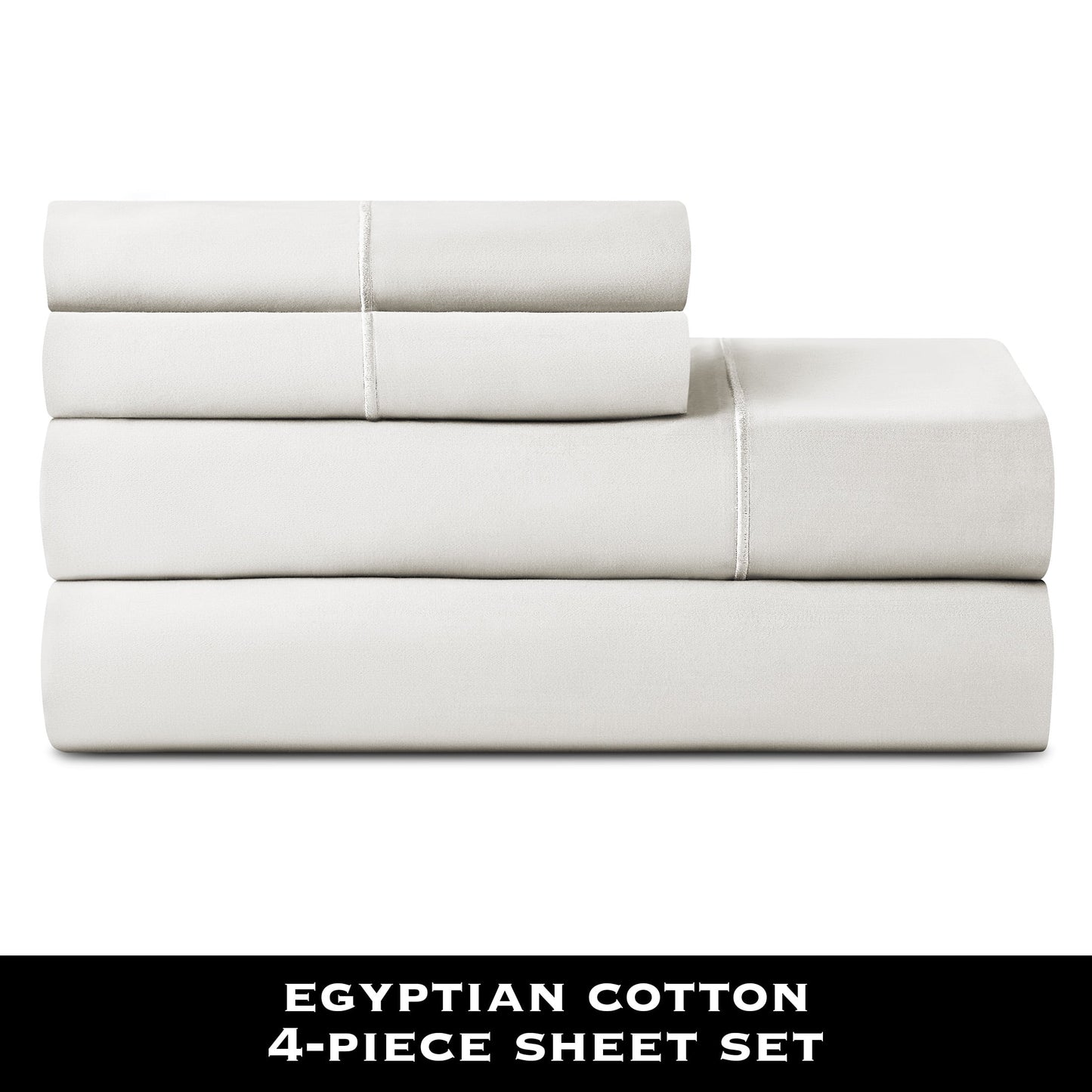 Ultra-Soft 4-Piece 600 Thread Count White Egyptian Cotton Adult Bed Sheet Set, King - Deep Pocket - Breathable Egyptian Cotton Flat & Fitted Sheets Detail