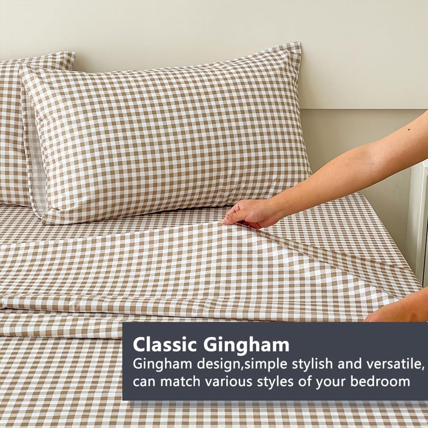 Premium Egyptian Cotton Sheet Set, Soft Brushed Microfiber Taupe Plaid Sheets, 4-Piece Brown Grid Set with Deep Pocket - Breathable Egyptian Cotton Flat & Fitted Sheets Detail