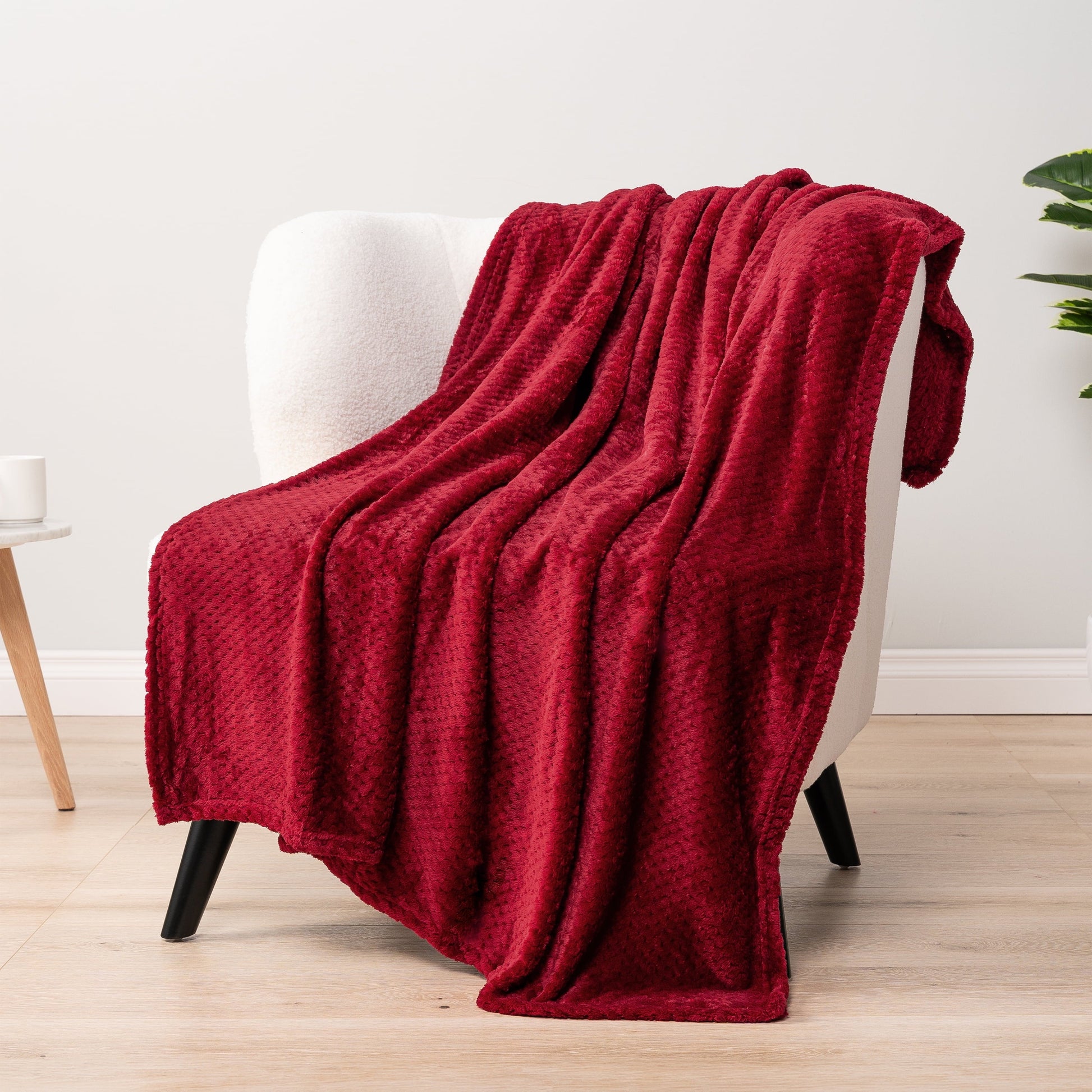 Super Soft Flannel Maroon Red Throw Blanket for Couch, Twin Bed, Soft Fleece Throws for Sofa Chair, Fuzzy Waffle Textured Blanket, Cozy ... - Lightweight Plush Warm Blanket for All Seasons Detail