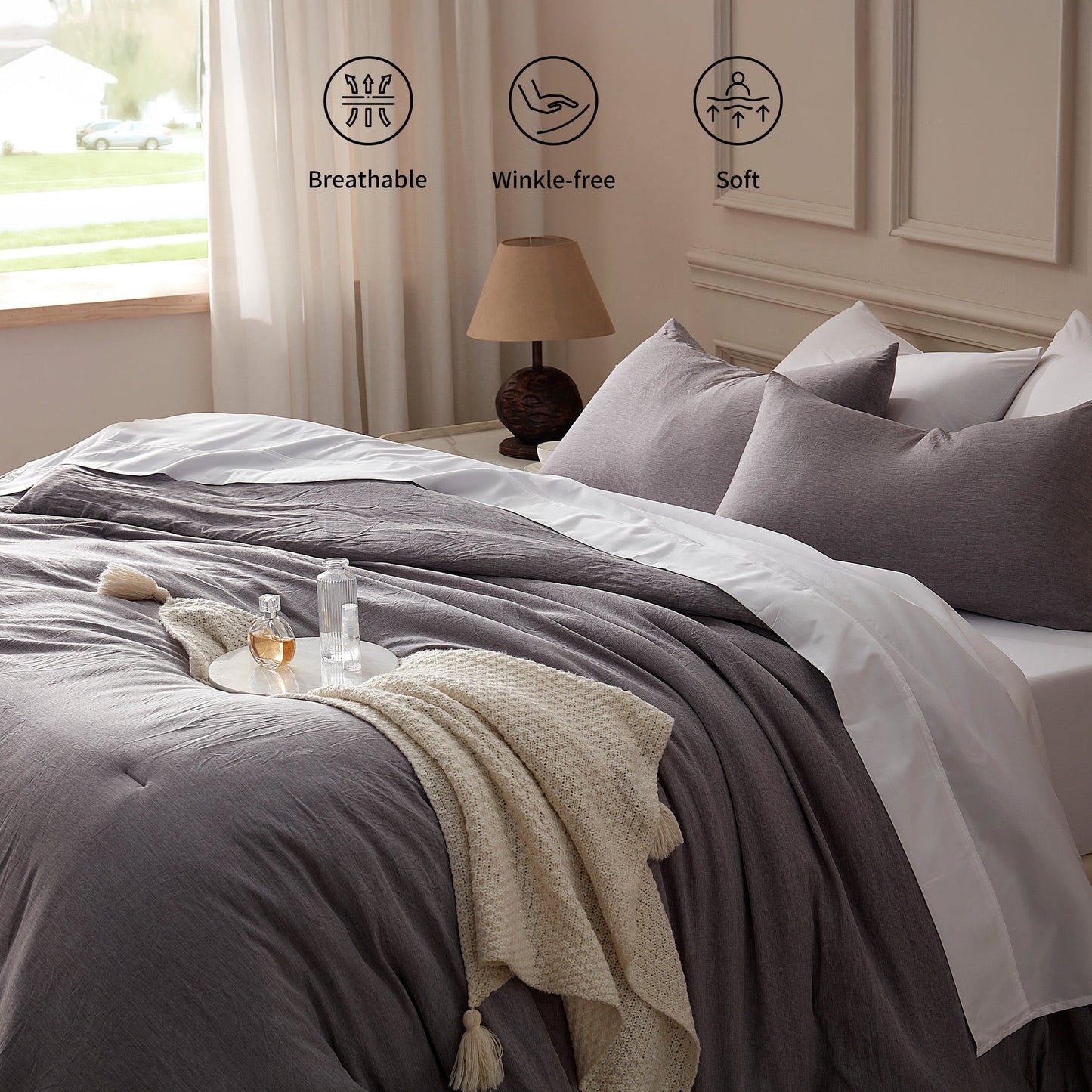 All-Season Washed Comforter Set Full Size - 3 Pieces Soft Luxury Cationic Dyeing Bedding Sets, Linen-Like Texture Breathable Wri... - Luxurious Quilted Duvet Cover Set Detail