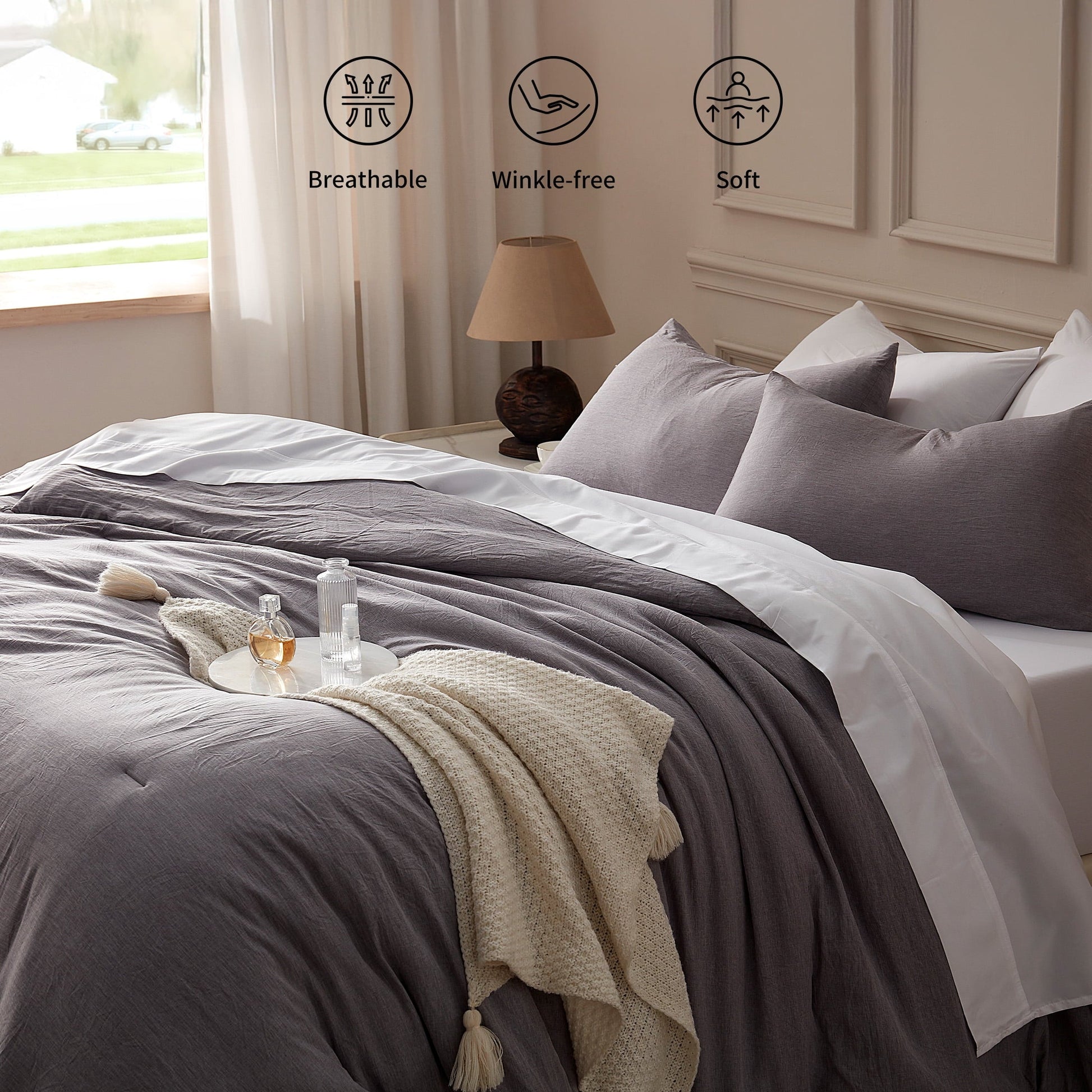 All-Season Washed Comforter Set Full Size - 3 Pieces Soft Luxury Cationic Dyeing Bedding Sets, Linen-Like Texture Breathable Wri... - Luxurious Quilted Duvet Cover Set Detail