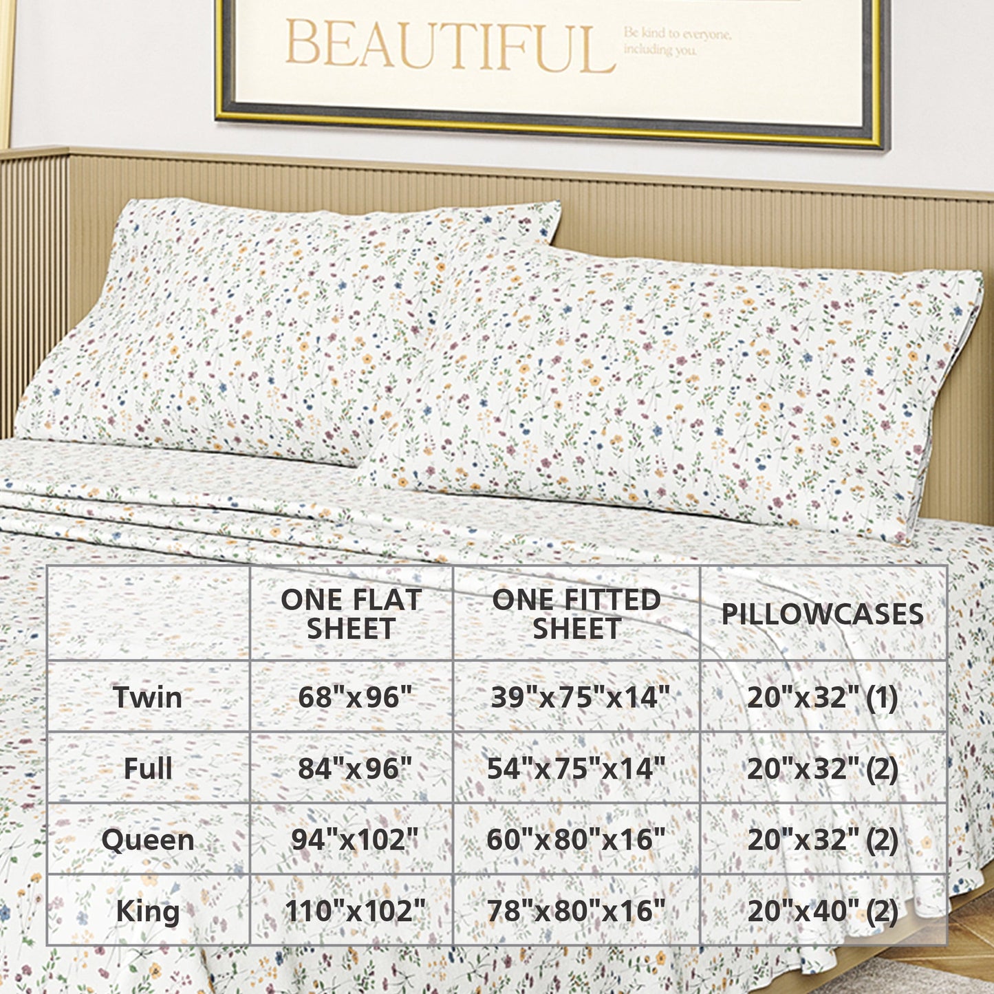 Breathable Luxury Botanical 4-Piece 100% Cotton Washed Percale White Sheet Set, Queen - Cooling Hotel Quality Bedding Sheets and Pillowcases Detail