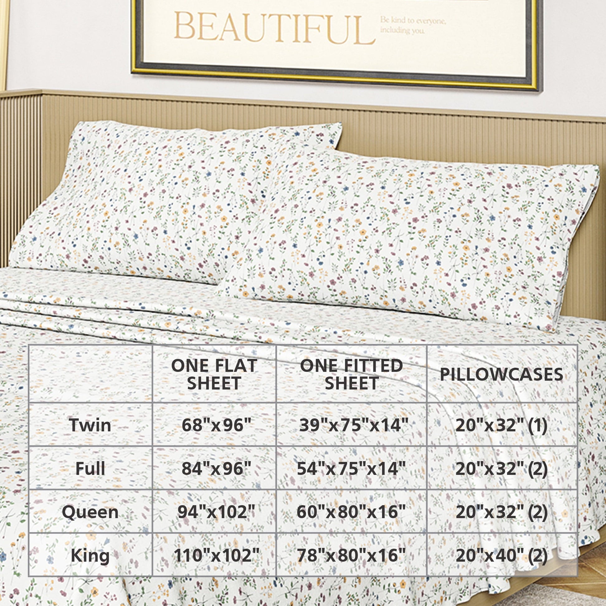 Breathable Luxury Botanical 4-Piece 100% Cotton Washed Percale White Sheet Set, Queen - Cooling Hotel Quality Bedding Sheets and Pillowcases Detail