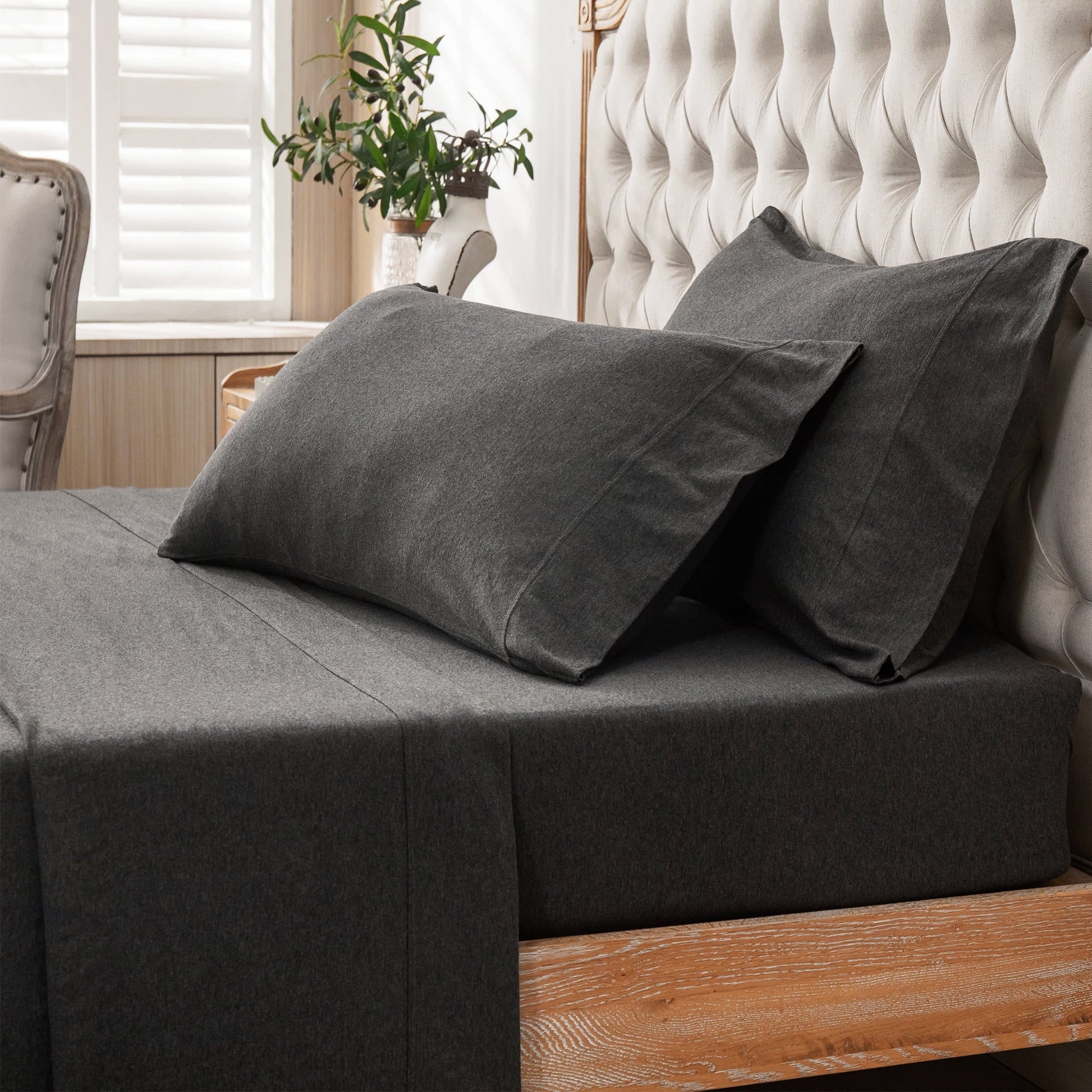 Ultra-Soft 100% Cotton Jersey Knit 4pc Bed Sheet Set Extra Deep Pocket up to 20" Charcoal Gray Queen - Breathable Egyptian Cotton Flat & Fitted Sheets Detail