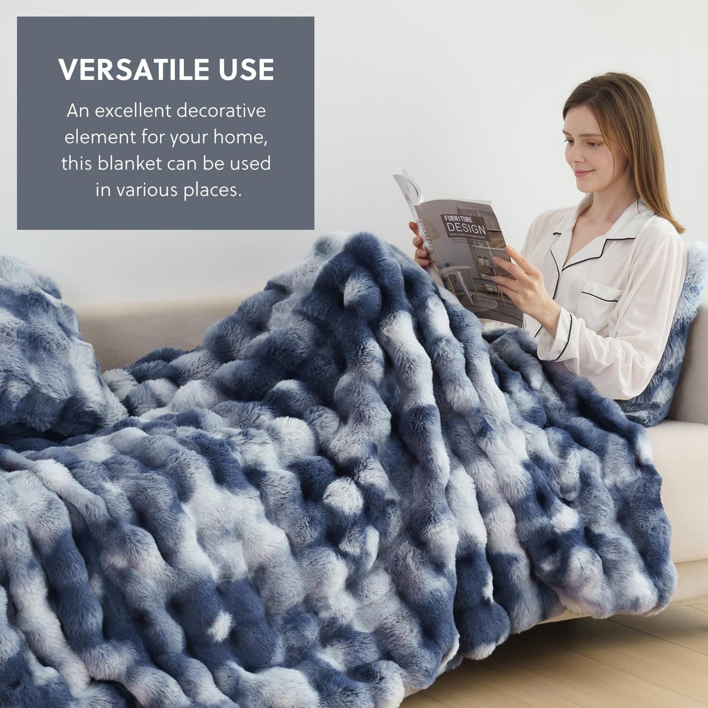 Decorative Knitted Faux Fur Throw Blanket for Couch Luxury Fluffy Thick Bubble Blanket Warm Cozy Throw for Bedroom Living Room, 50" x 60... - Cozy Fleece Throw Blanket for Couch & Bed Detail