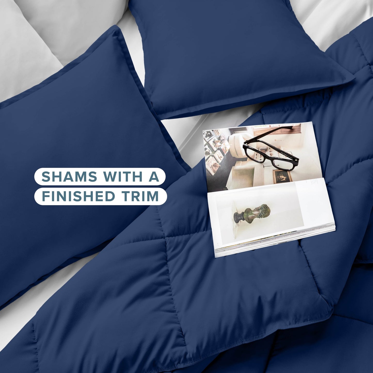 Luxurious Quilted Down Alternative Comforter Set - 3-Pieces - All Seasons - Queen, Dark Blue - Luxurious Quilted Duvet Cover Set Detail