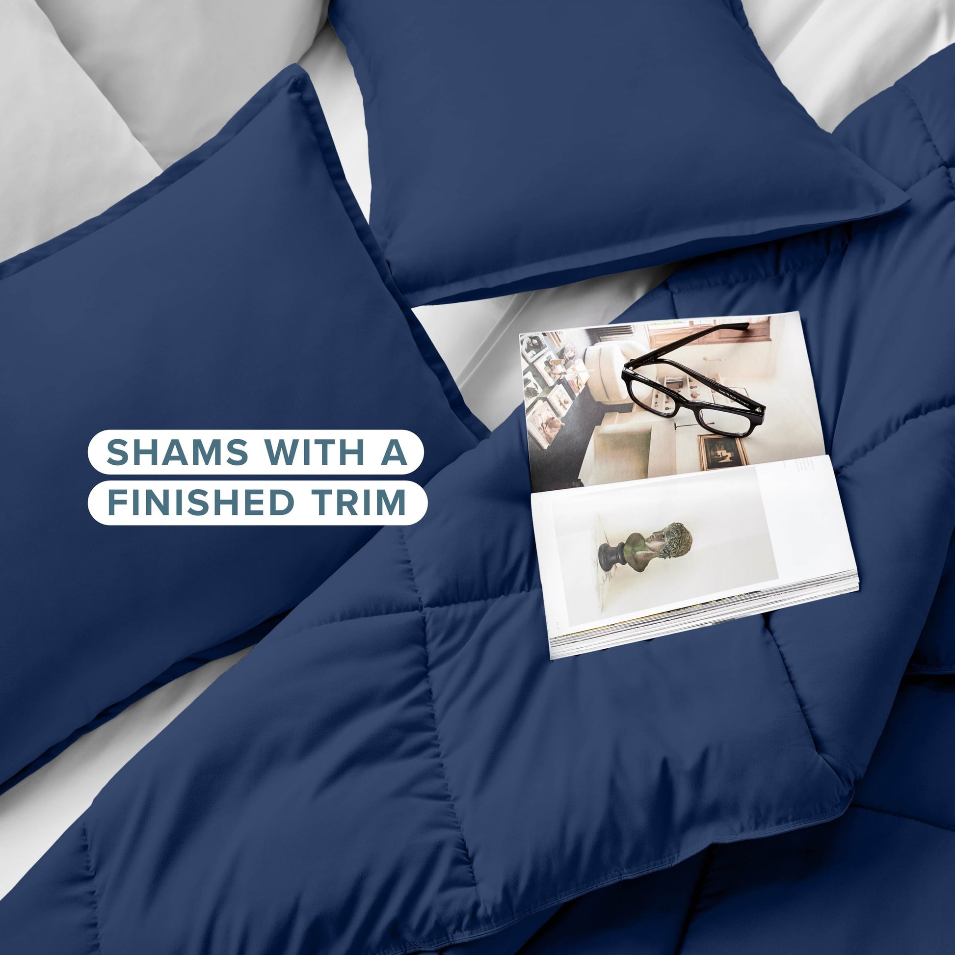 Luxurious Quilted Down Alternative Comforter Set - 3-Pieces - All Seasons - Queen, Dark Blue - Luxurious Quilted Duvet Cover Set Detail