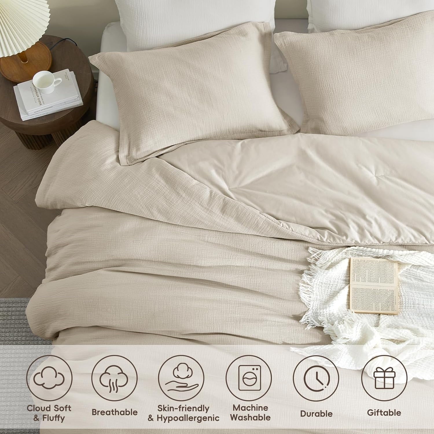 All-Season Cotton Muslin Comforter Set Queen Size, Ultra Soft Breathable & Lightweight Bedding Set for All Seasons, 1 Comfy Comf... - Luxurious Quilted Duvet Cover Set Detail