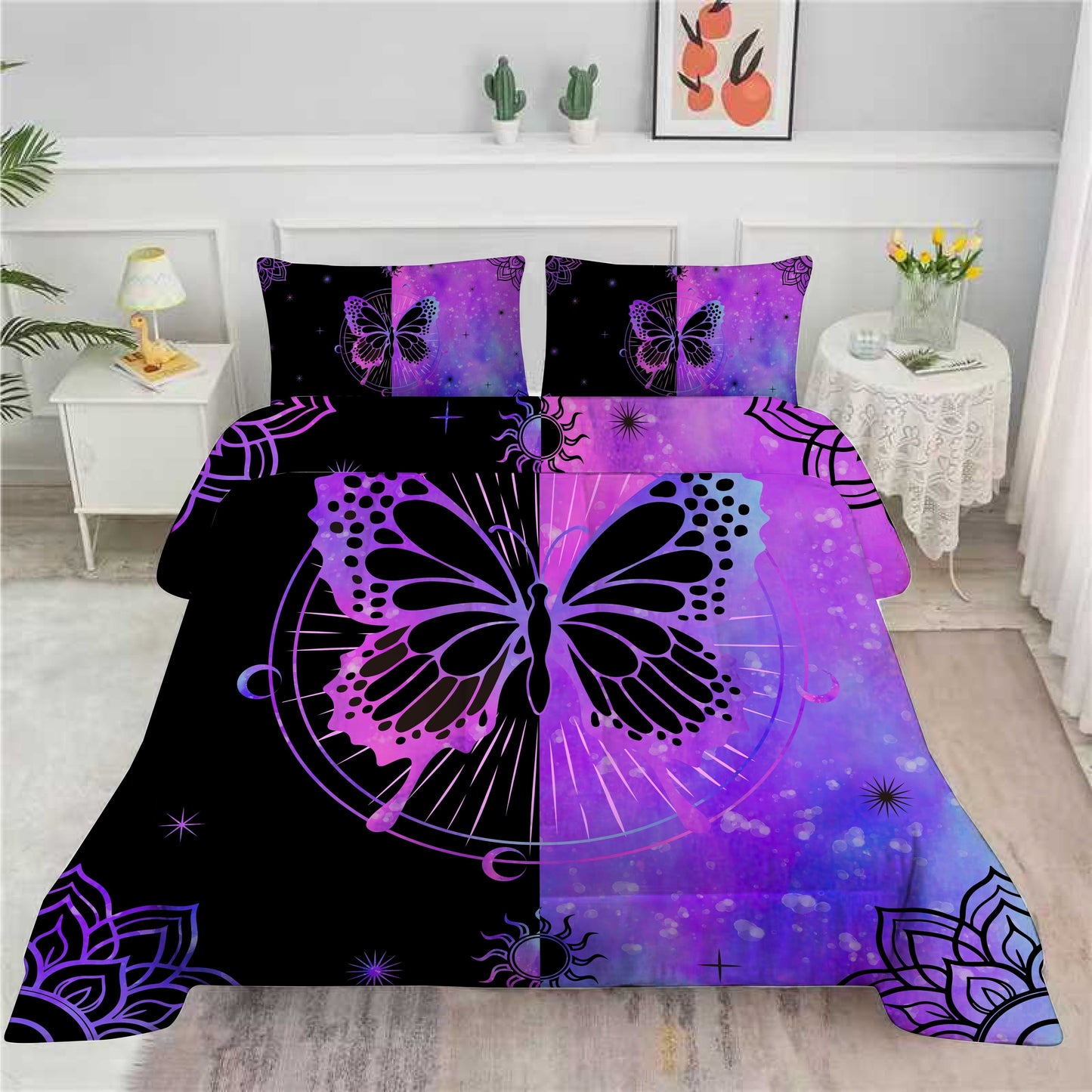 Fluffy Down Alternative Butterfly Comforter Set Full Size for Girls Kids Teens Black Blue Purple Tie Dye Bedding Set 3 Pieces - Luxurious Quilted Duvet Cover Set Detail