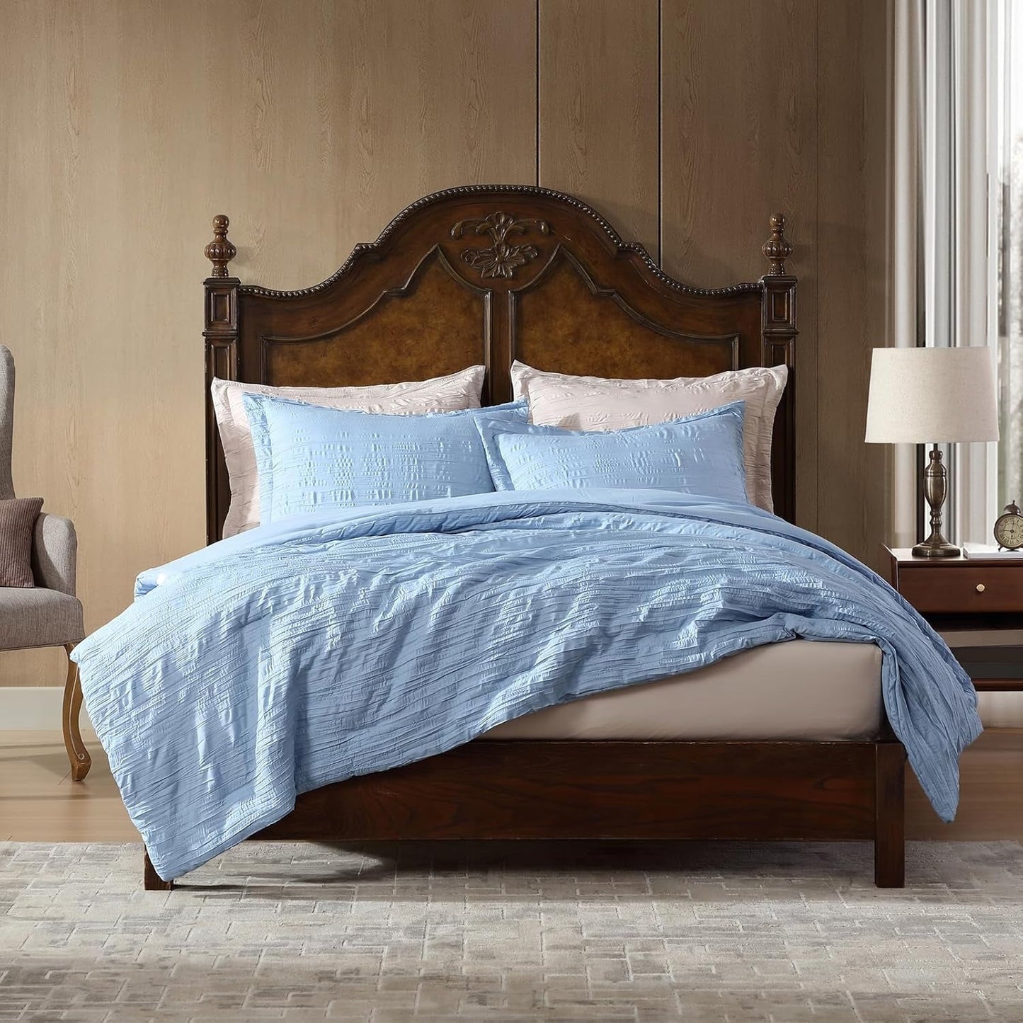 Luxurious Quilted Queen Comforter Set Chambray Blue, 3 Pieces Comforter Set, All Season Lightweight Soft Embossed Bedding (86" x 88" Co... - Luxurious Quilted Duvet Cover Set Detail