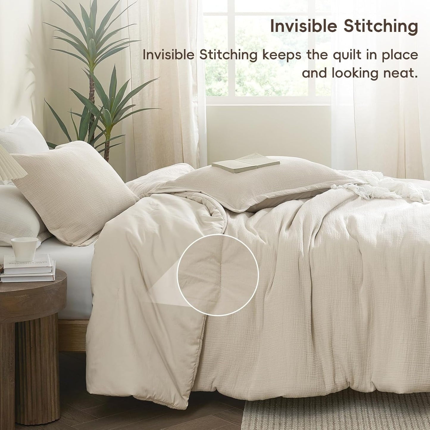 All-Season Cotton Muslin Comforter Set Queen Size, Ultra Soft Breathable & Lightweight Bedding Set for All Seasons, 1 Comfy Comf... - Luxurious Quilted Duvet Cover Set Detail