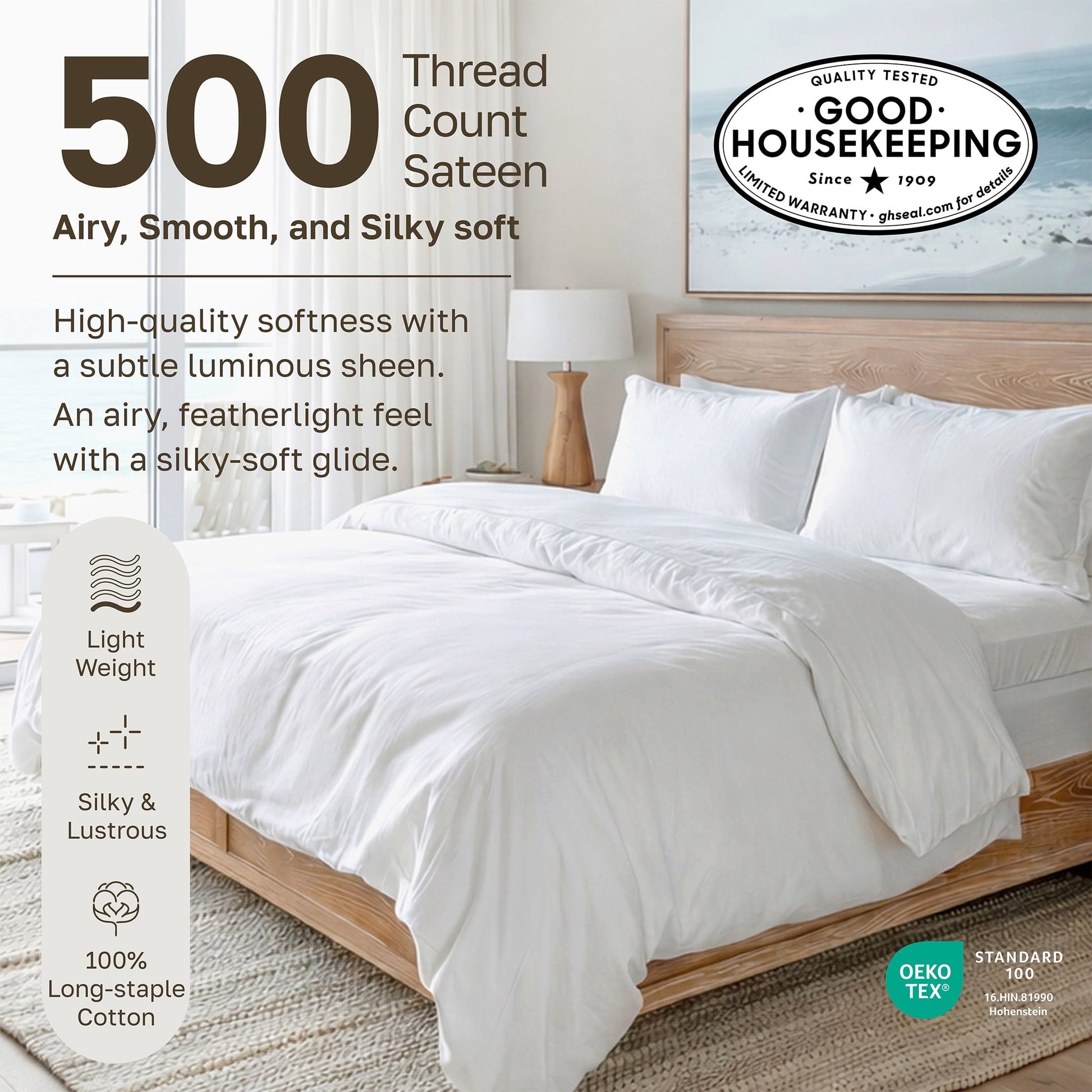 Breathable Luxury 500-Thread-Count 100% Cotton Sheet White Queen-Sheets Set, 4-Piece Extra Long-Staple Combed Cotton Bedding Sheets for... - Premium Ultra-Soft Pillowcase Pair for Sleeping Detail