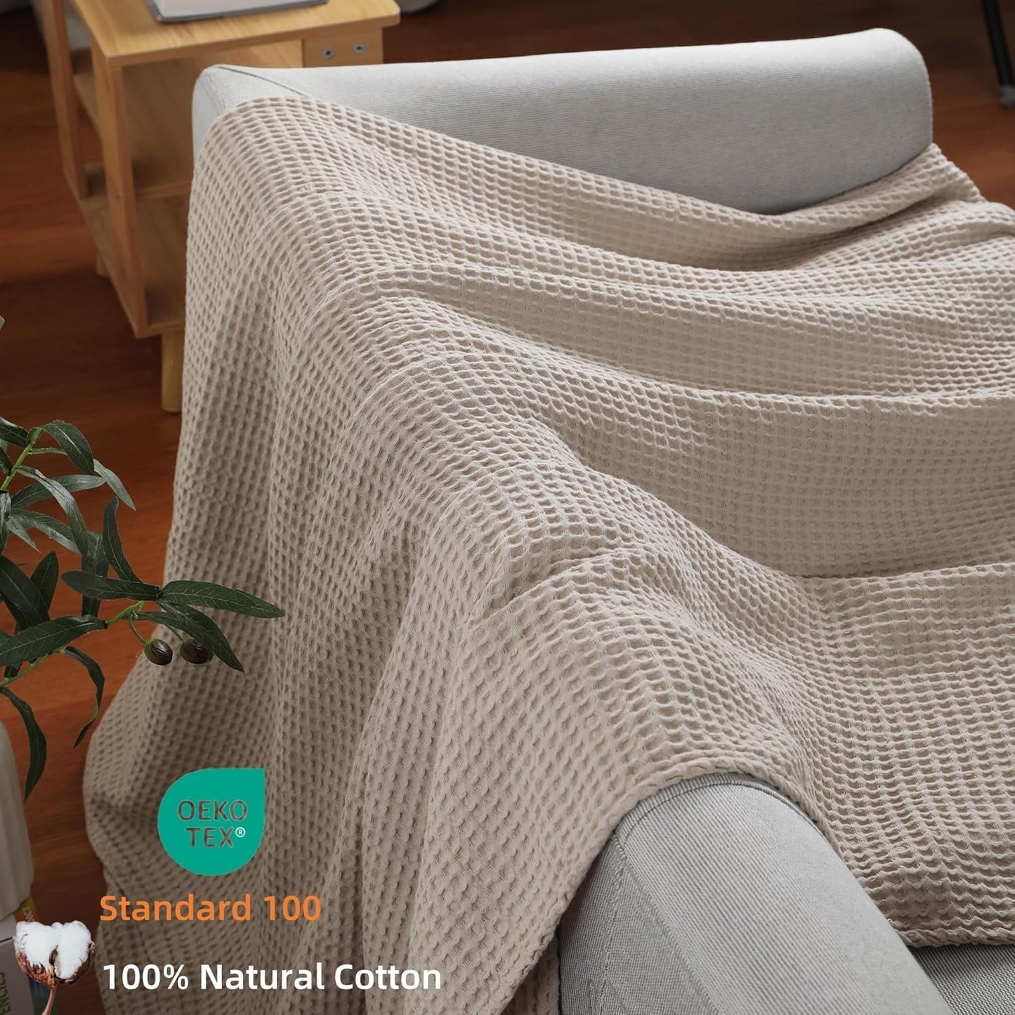 Cozy Fleece 100% Cotton Waffle Bed Blanket King Size, Throw Blanket for Couch All Seasons (Beige, 104x90) - Cozy Fleece Throw Blanket for Couch & Bed Detail