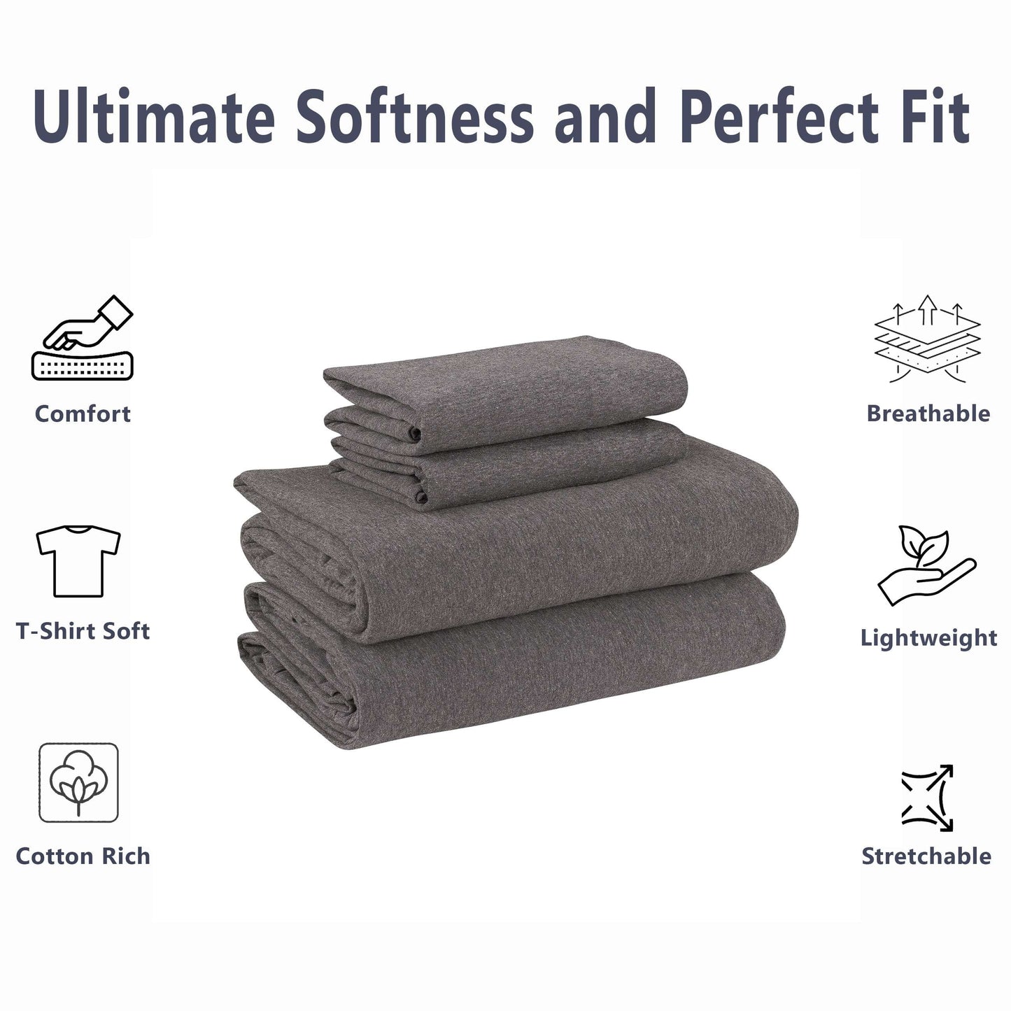 Premium Egyptian Cotton Cotton Rich Extra Soft Jersey Bed Sheet Set, Queen, Charcoal, 4 Pieces - Breathable Egyptian Cotton Flat & Fitted Sheets Detail