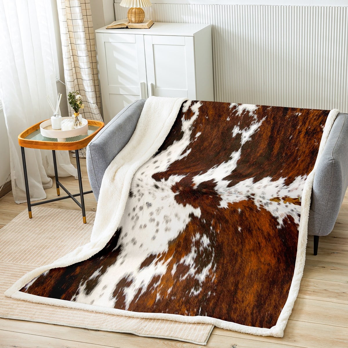 Reversible Sherpa Milk Cow Print Throw Blanket for Bed Chair,Black Brown Cowhide Fleece Blanket 50"x60",Farmhouse Rustic Animal Skin We... - Lightweight Plush Warm Blanket for All Seasons Detail