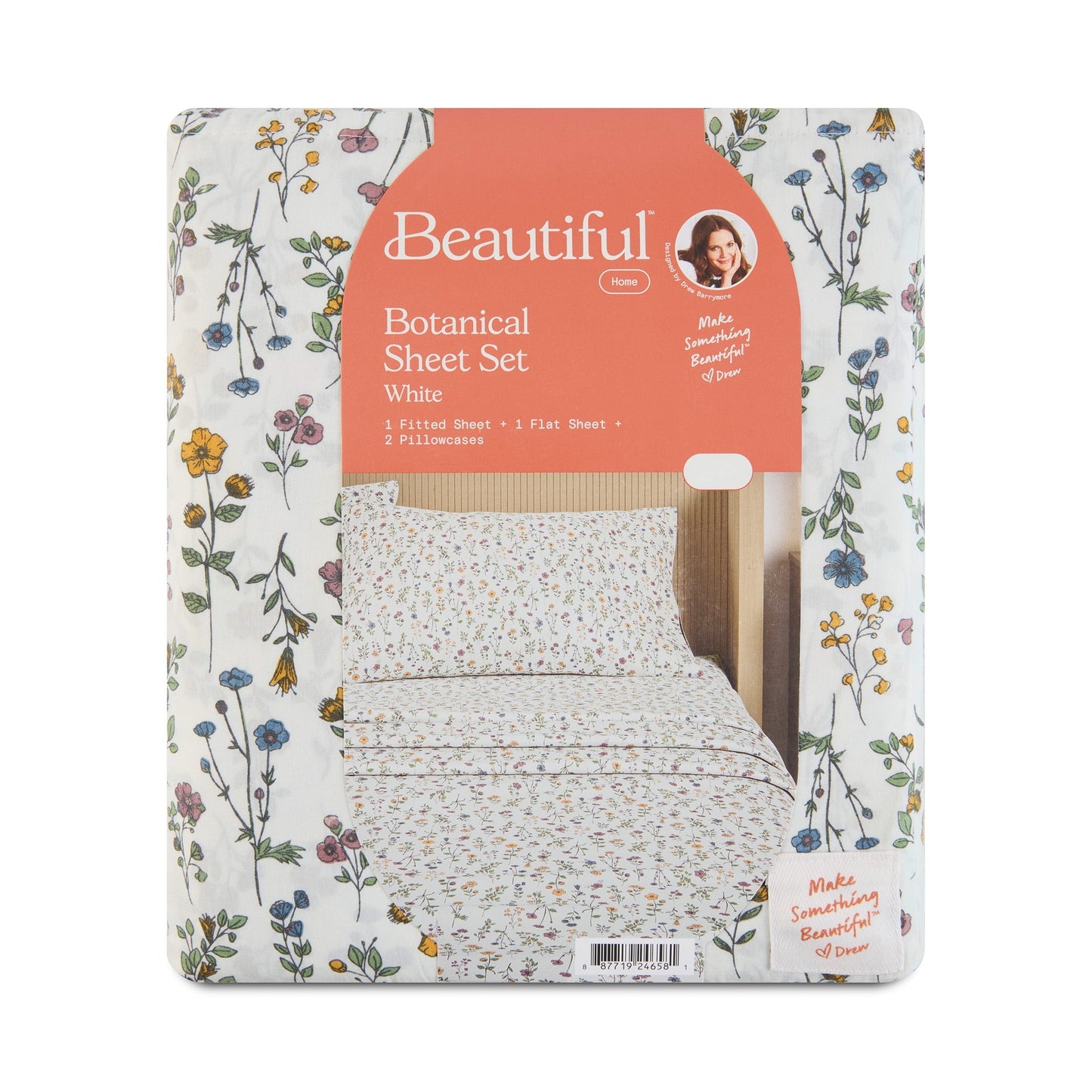 Breathable Luxury Botanical 4-Piece 100% Cotton Washed Percale White Sheet Set, Queen - Cooling Hotel Quality Bedding Sheets and Pillowcases Detail