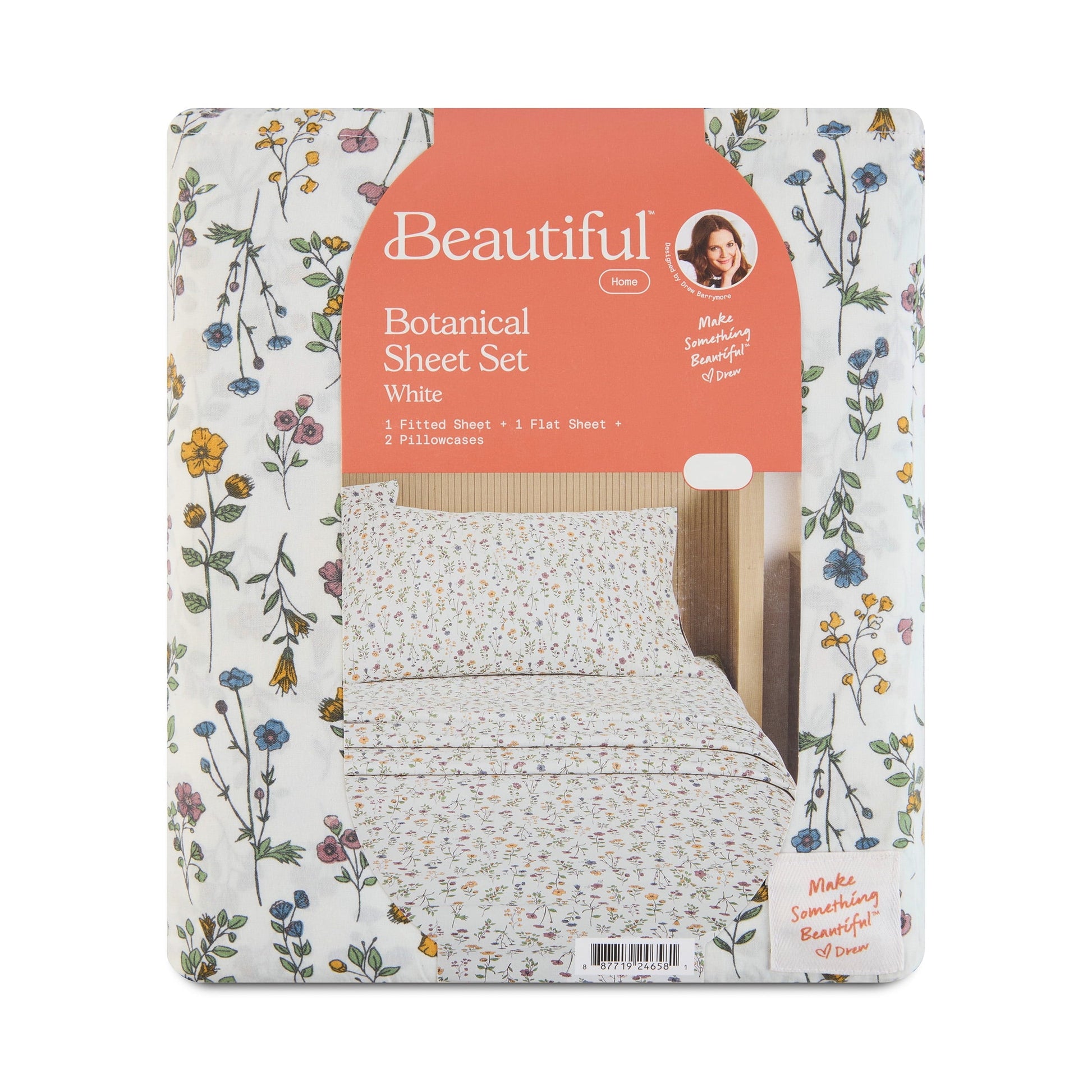 Breathable Luxury Botanical 4-Piece 100% Cotton Washed Percale White Sheet Set, Queen - Cooling Hotel Quality Bedding Sheets and Pillowcases Detail